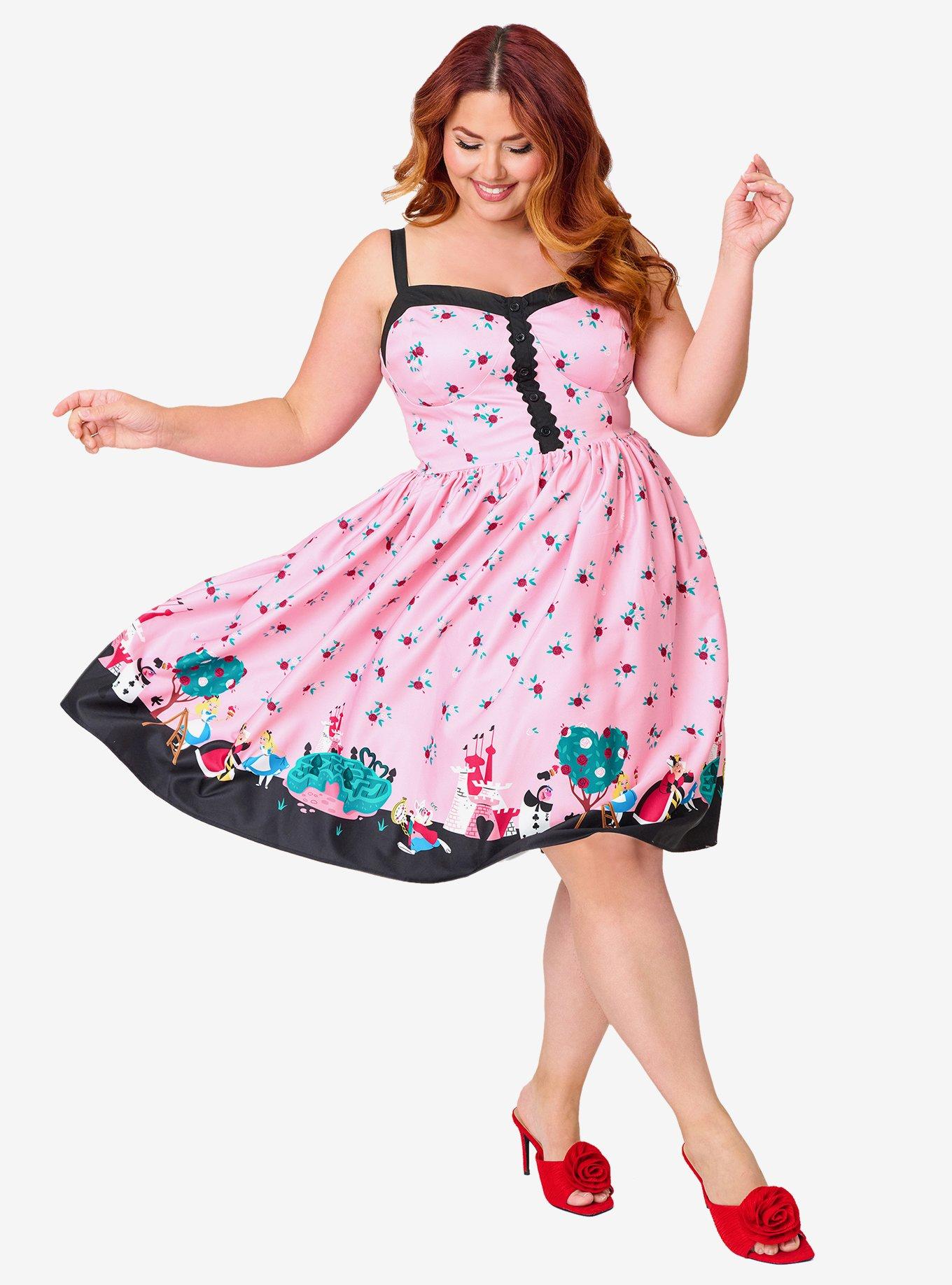 Disney Alice In Wonderland Collection By Unique Vintage Plus Size Pink Queen of Hearts Sweetheart Swing Dress, , hi-res