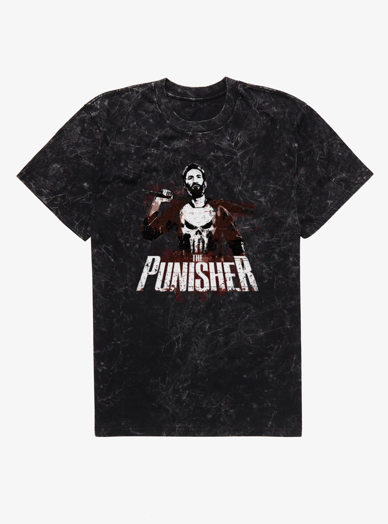 Marvel Punisher Batters Up Splatter On Mineral Wash T-Shirt, BLACK MINERAL WASH, hi-res view 1