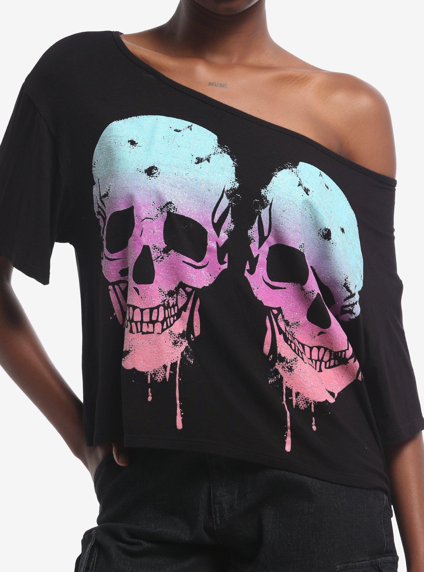 Ombré Glitter Skulls Girls Off-Shoulder T-Shirt