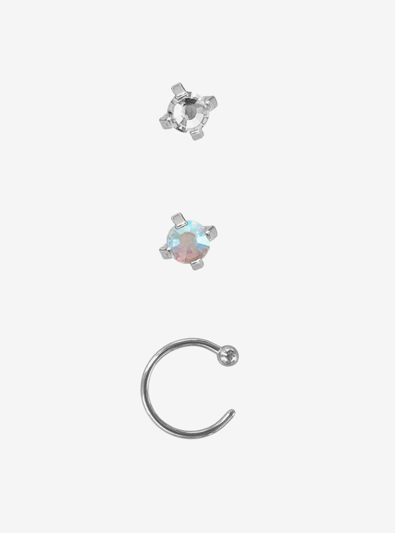 Steel Silver CZ Nose Hoop & Stud 3 Pack