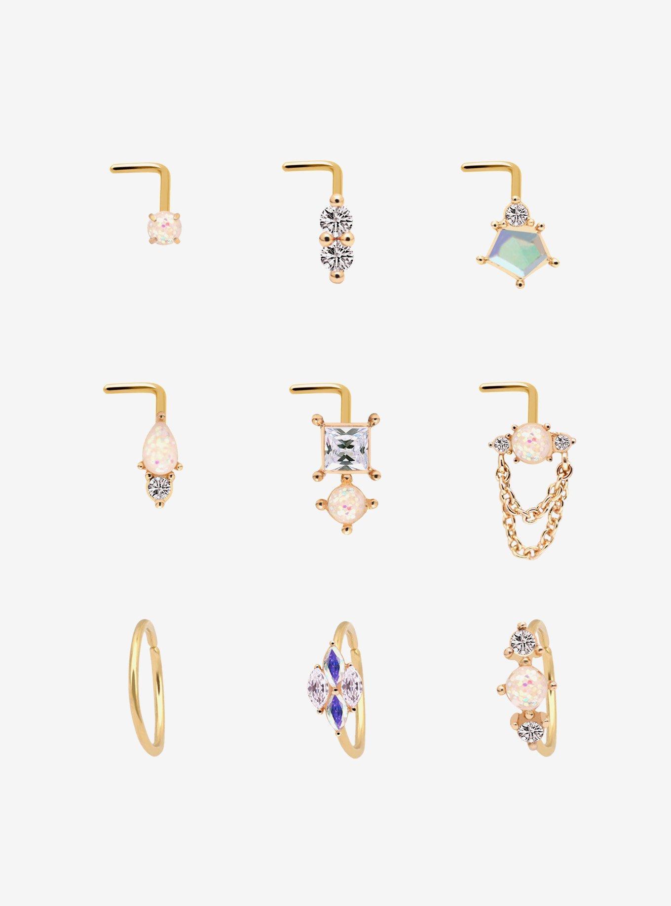 Steel Gold Opalite Icons Nose Stud & Hoop 9 Pack