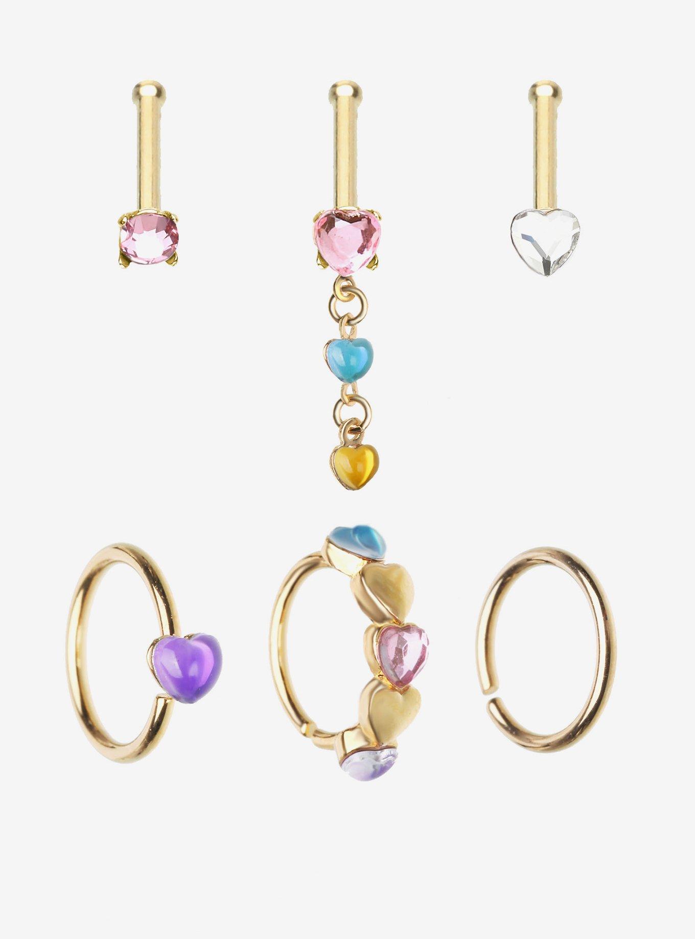 Steel Gold Pastel Hearts Nose Stud & Hoop 6 Pack