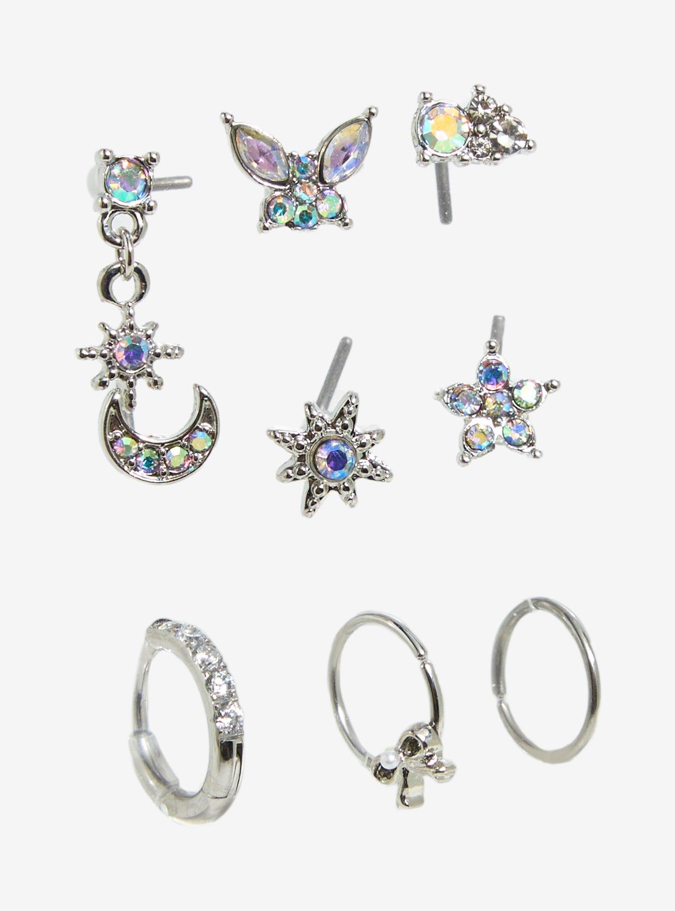 20G Steel Celestial Flower Bling Nose Stud & Hoop 9 Pack