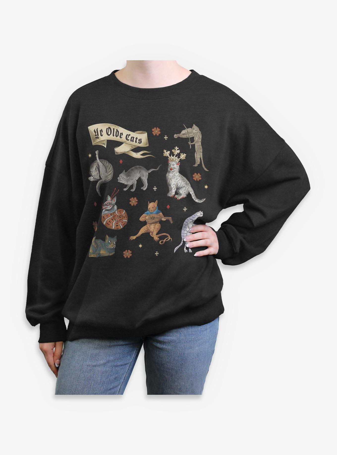 Ye Olde Cats Womens Oversized Sweatshirt BoxLunch Exclusive, CHAR HTR, hi-res view 1
