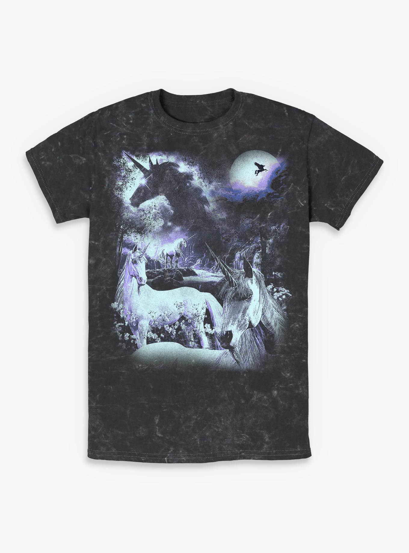 Unicorns In The Moonlight Mineral Wash T-Shirt BoxLunch Exclusive, BLACK, hi-res view 1