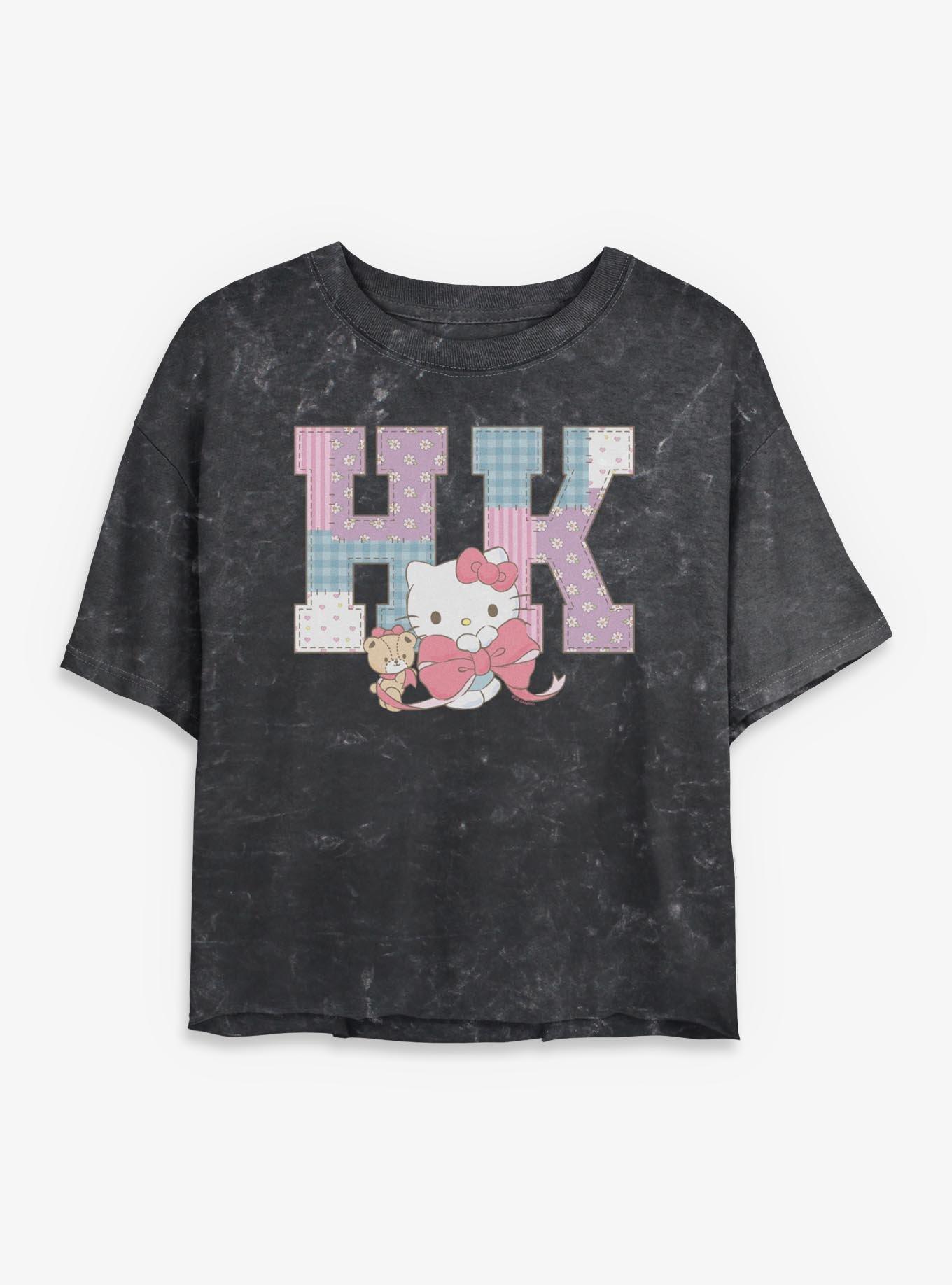 Sanrio Hello Kitty Patchwork Mineral Wash Womens Crop T-Shirt, , hi-res