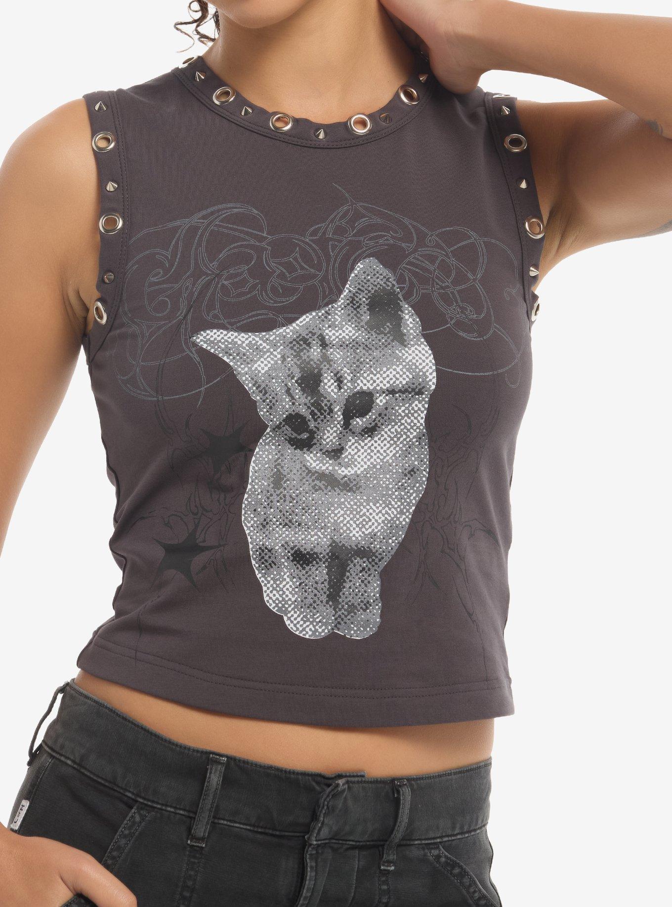 Grey Kitten Grommet Girls Crop Tank Top