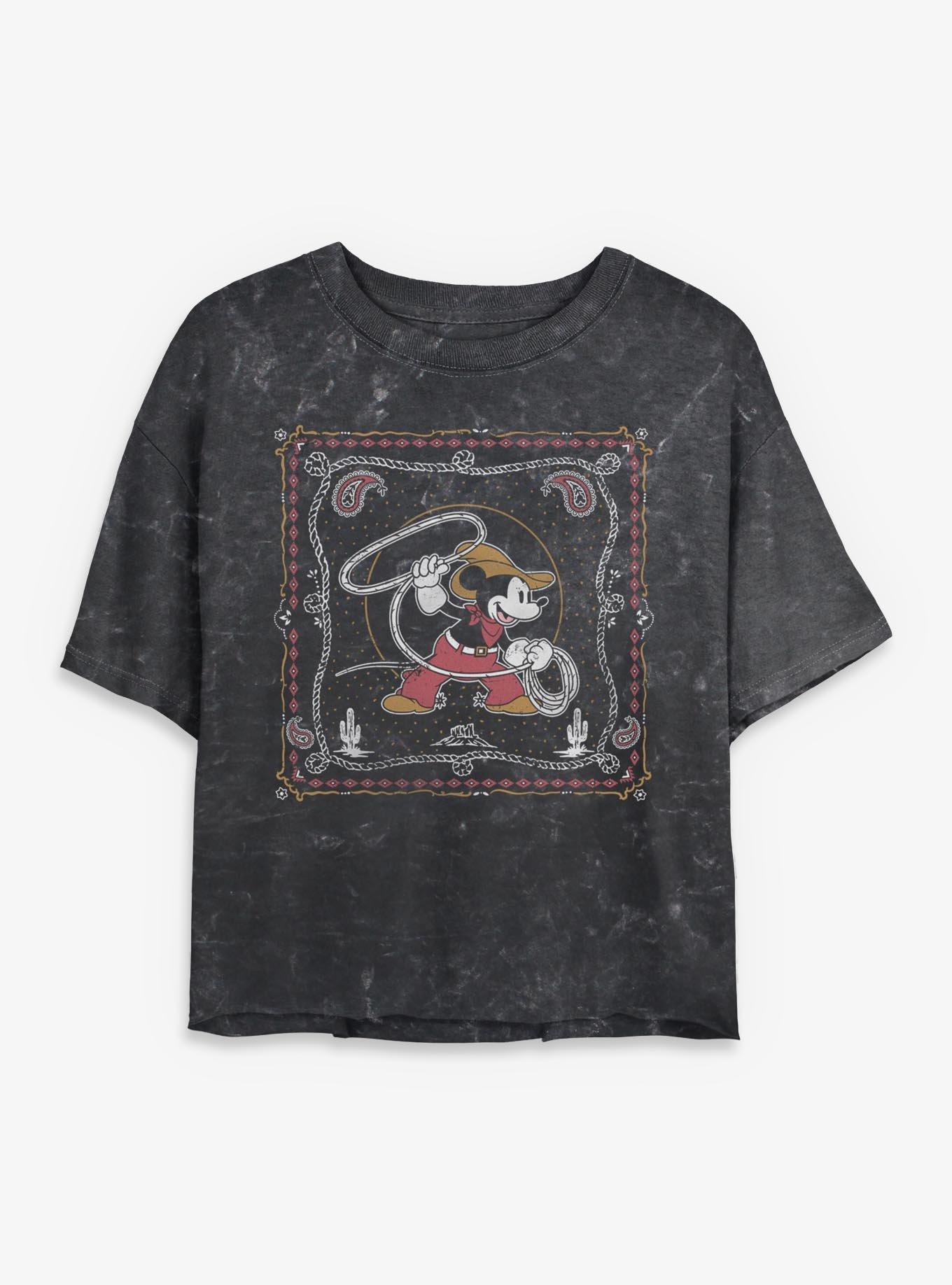 Disney Mickey Mouse Western Cowboy Paisley Girls Mineral Wash Crop T-Shirt Hot Topic Exclusive, , hi-res