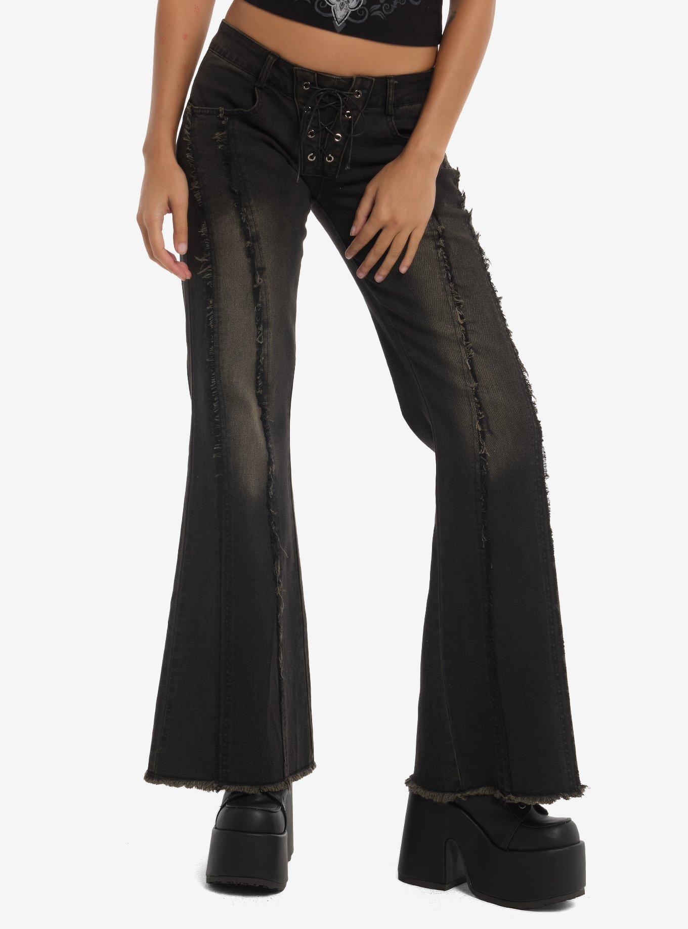 Frayed Lace-Up Flare Jeans
