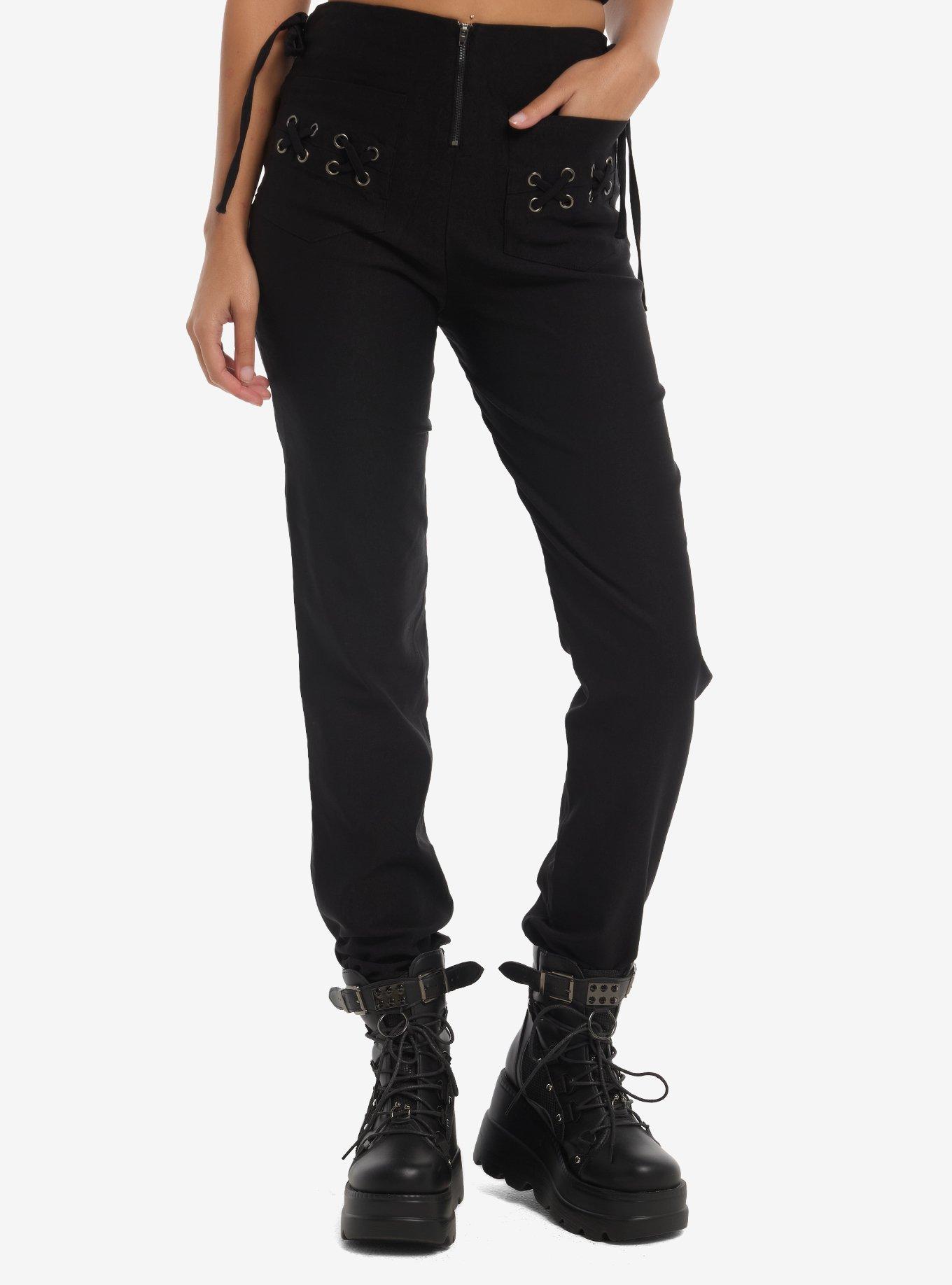 Black Lace-Up Grommet Straight Leg Pants