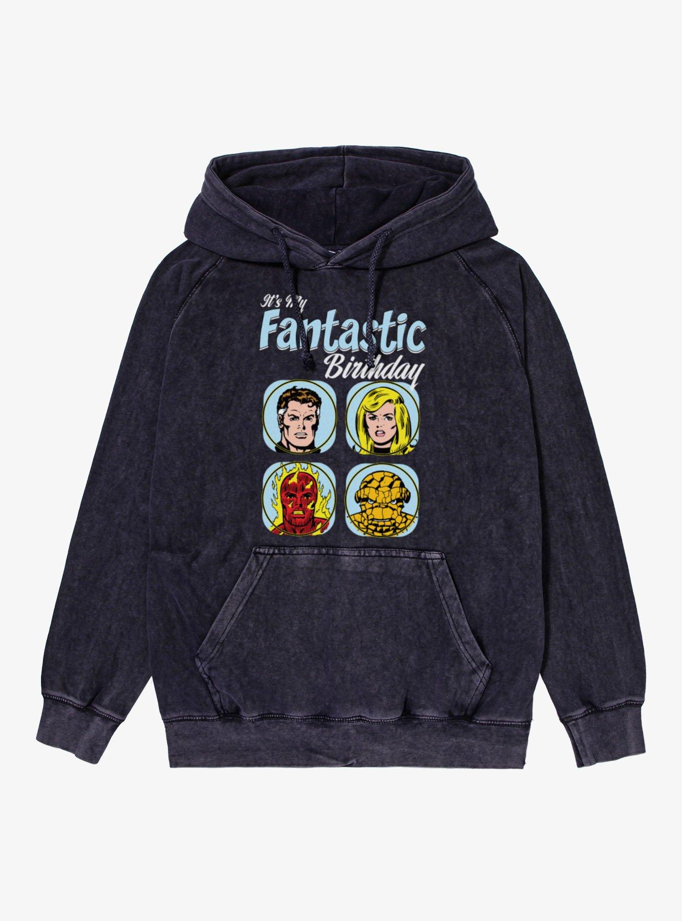 Marvel Comics Retro Fantastic Four It's My Fantastic Birthday Vintage Mineral Washed Hoodie, VINTAGE BLACK, hi-res view 1