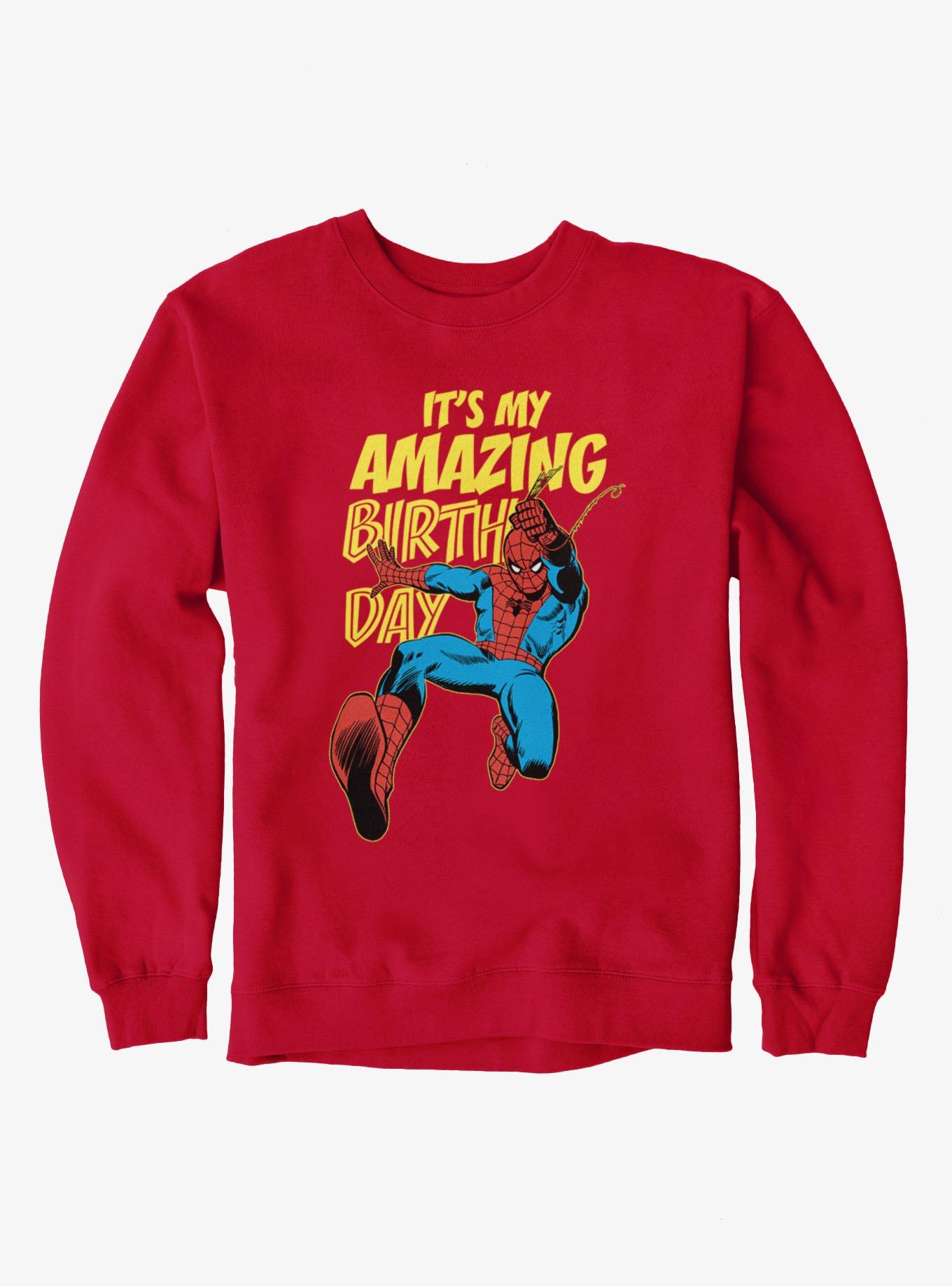 Marvel Comics Retro Spiderman It?s My Amazing Birthday Sweatshirt, RED, hi-res view 1