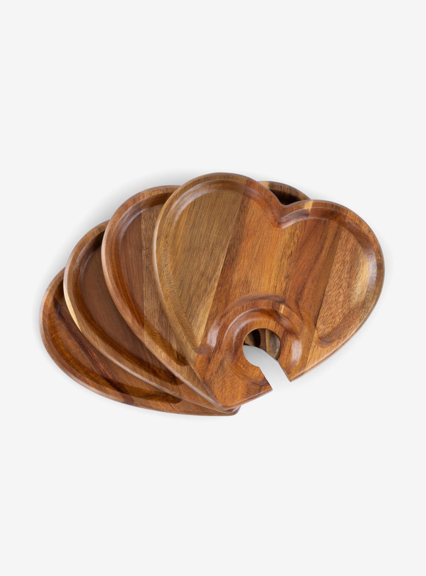 Heart Shaped Acacia Wood Wine Appetizer Plate Set of 4, , hi-res