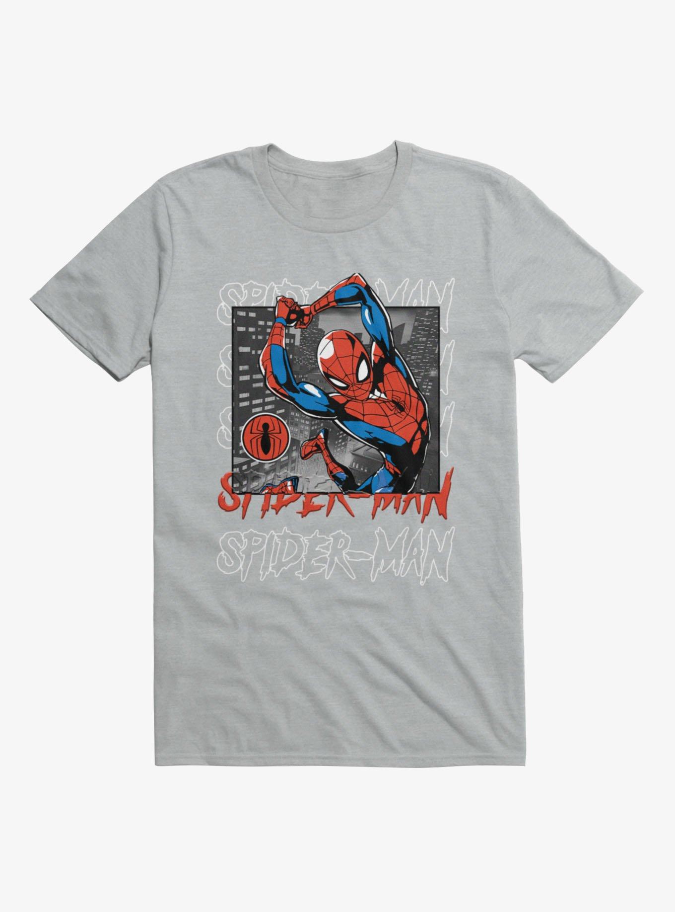 Marvel Spider-Man Swinging Through the City Mens T-Shirt, SPORT GRAY, hi-res view 1