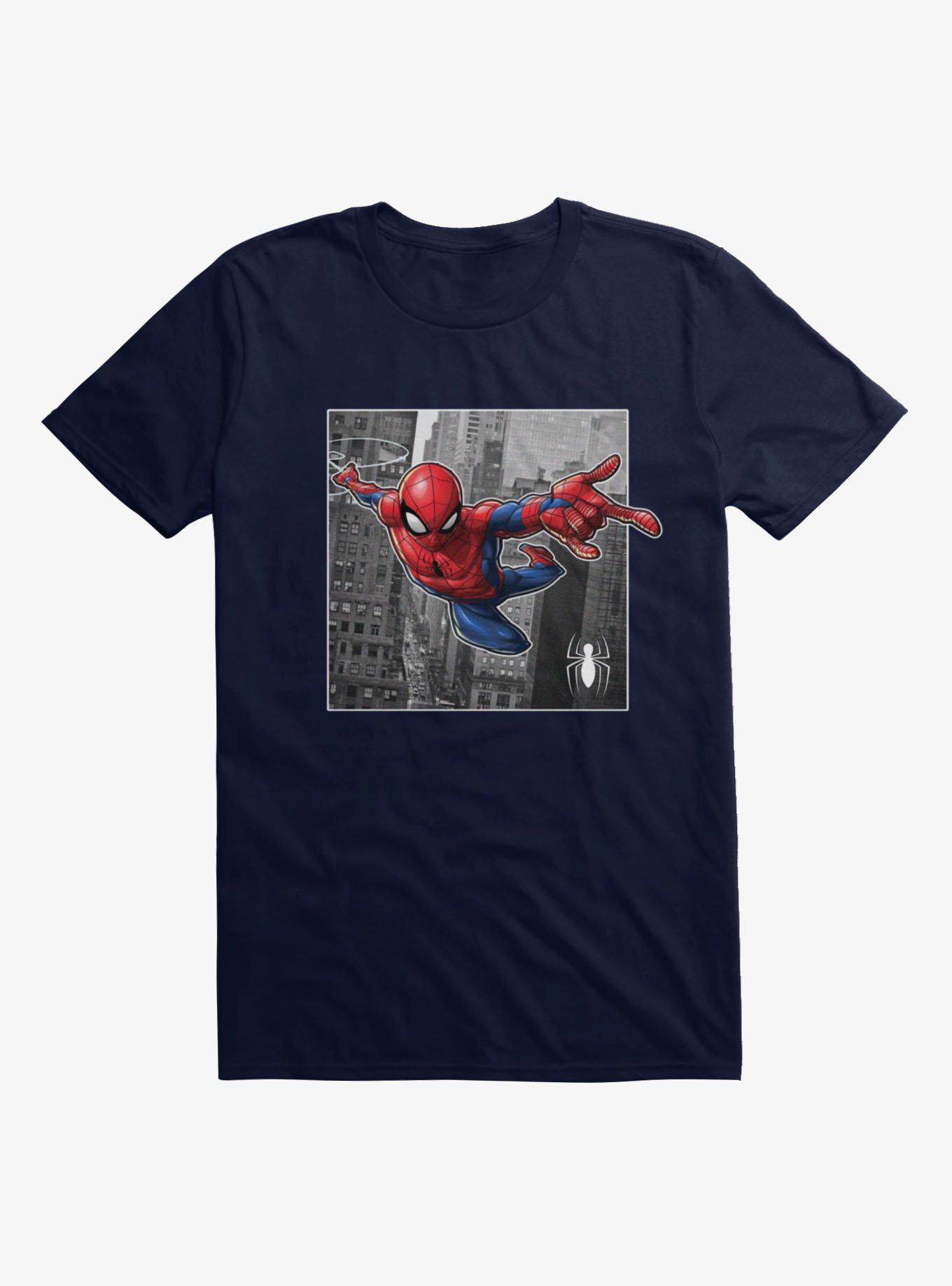Marvel Spider-Man Hero Swing Skyscrapers Scene Mens T-Shirt