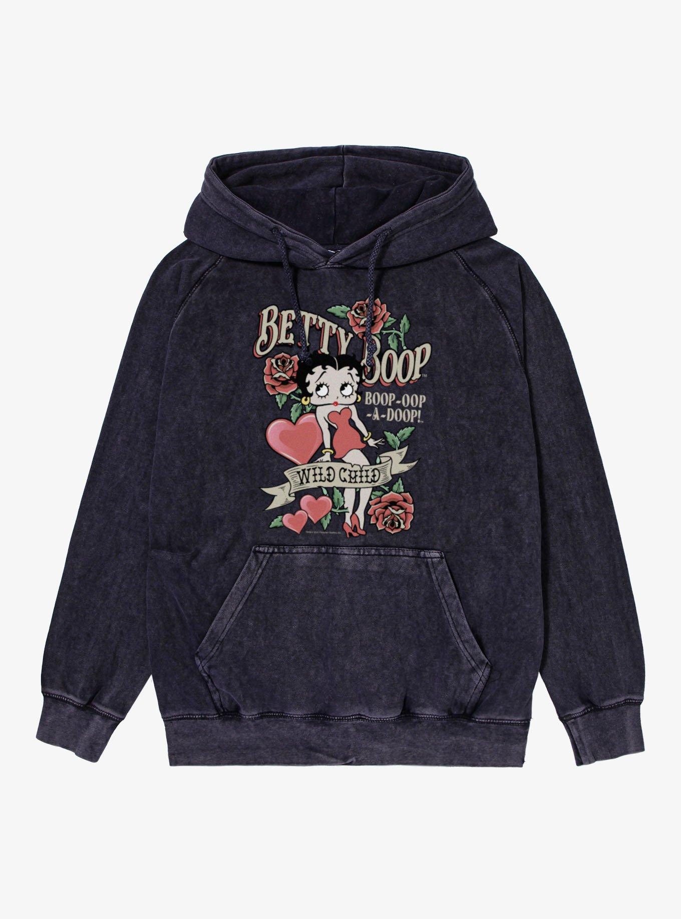Betty Boop Wild Child Roses And Heart Tattoo Vintage Mineral Washed Hoodie, VINTAGE BLACK, hi-res view 1