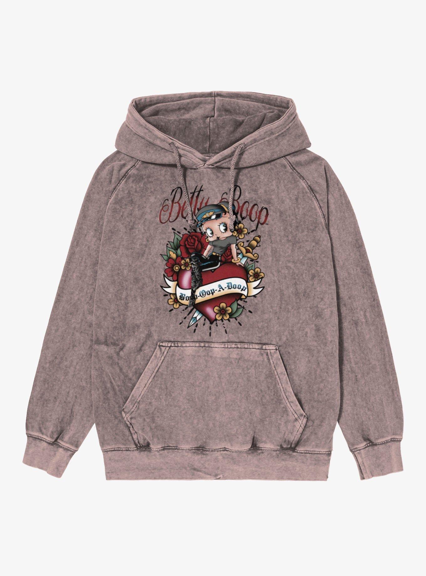 Betty Boop Opp A Doop Classic Heart Tattoo Vintage Mineral Washed Hoodie, DUSTY ROSE, hi-res view 1