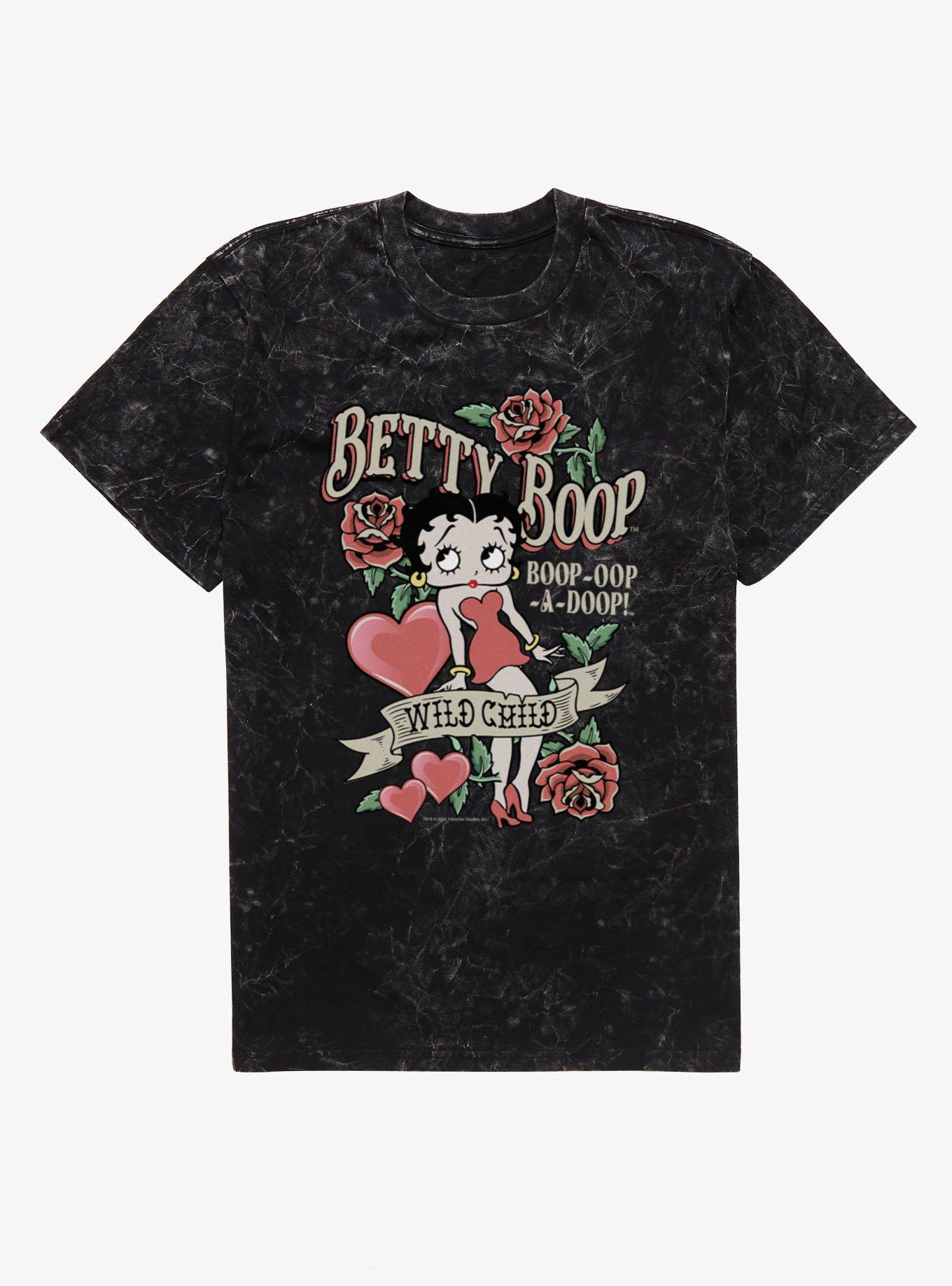 Betty Boop Wild Child Roses And Heart Tattoo Mineral Wash T-Shirt, BLACK MINERAL WASH, hi-res view 1