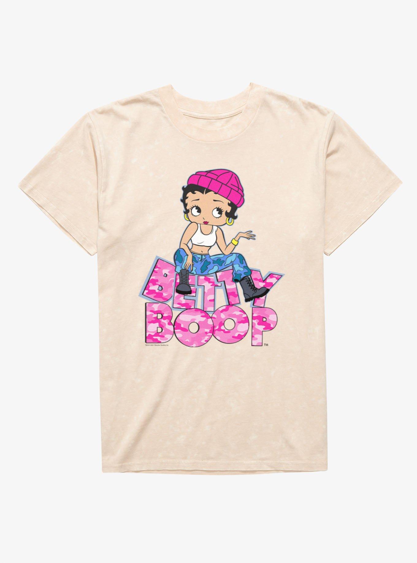 Betty Boop Pink Camo And Boots Mineral Wash T-Shirt, NATURAL MINERAL WASH, hi-res view 1