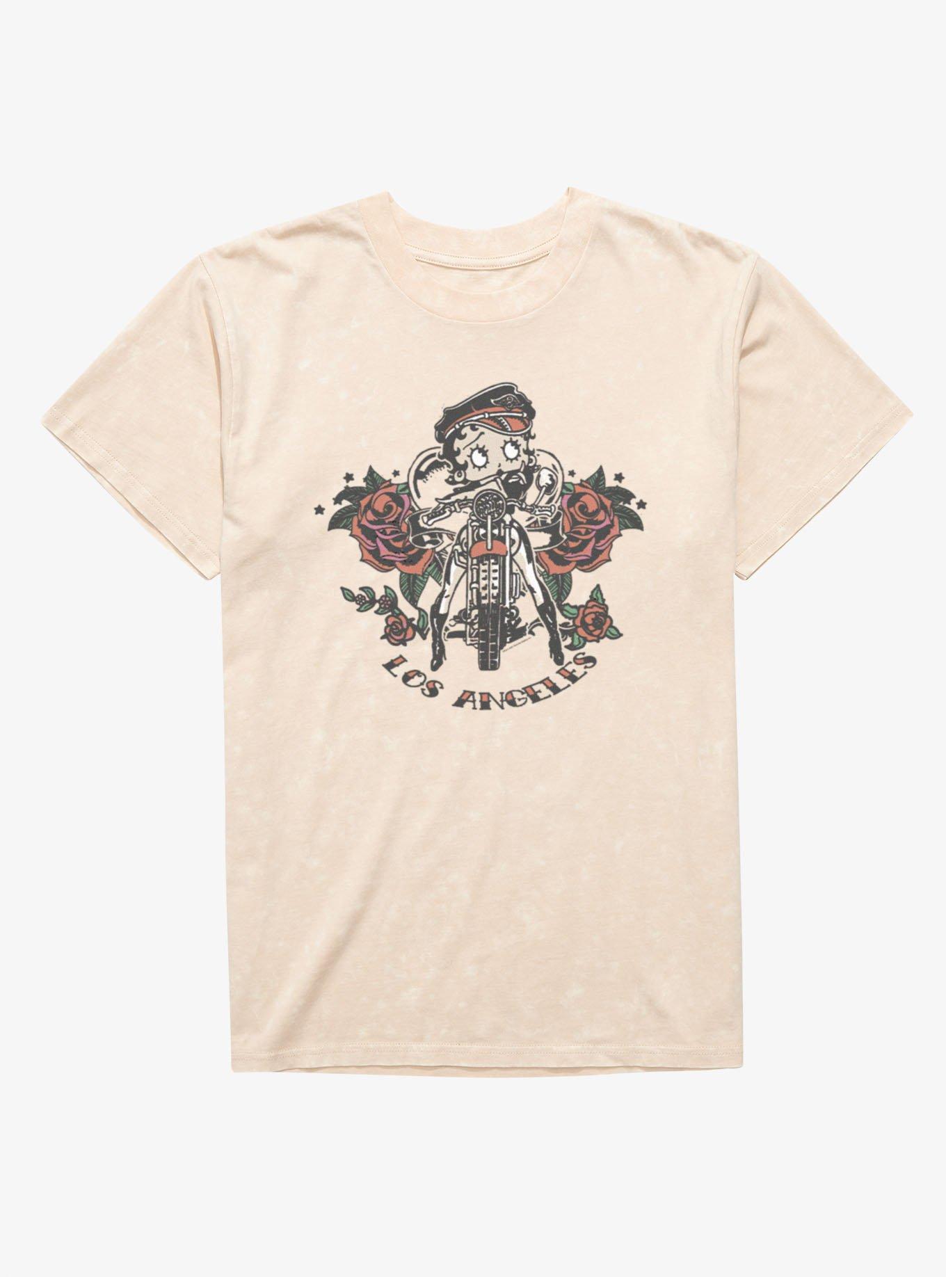 Betty Boop Los Angeles Motorcycle Roses Mineral Wash T-Shirt, NATURAL MINERAL WASH, hi-res view 1