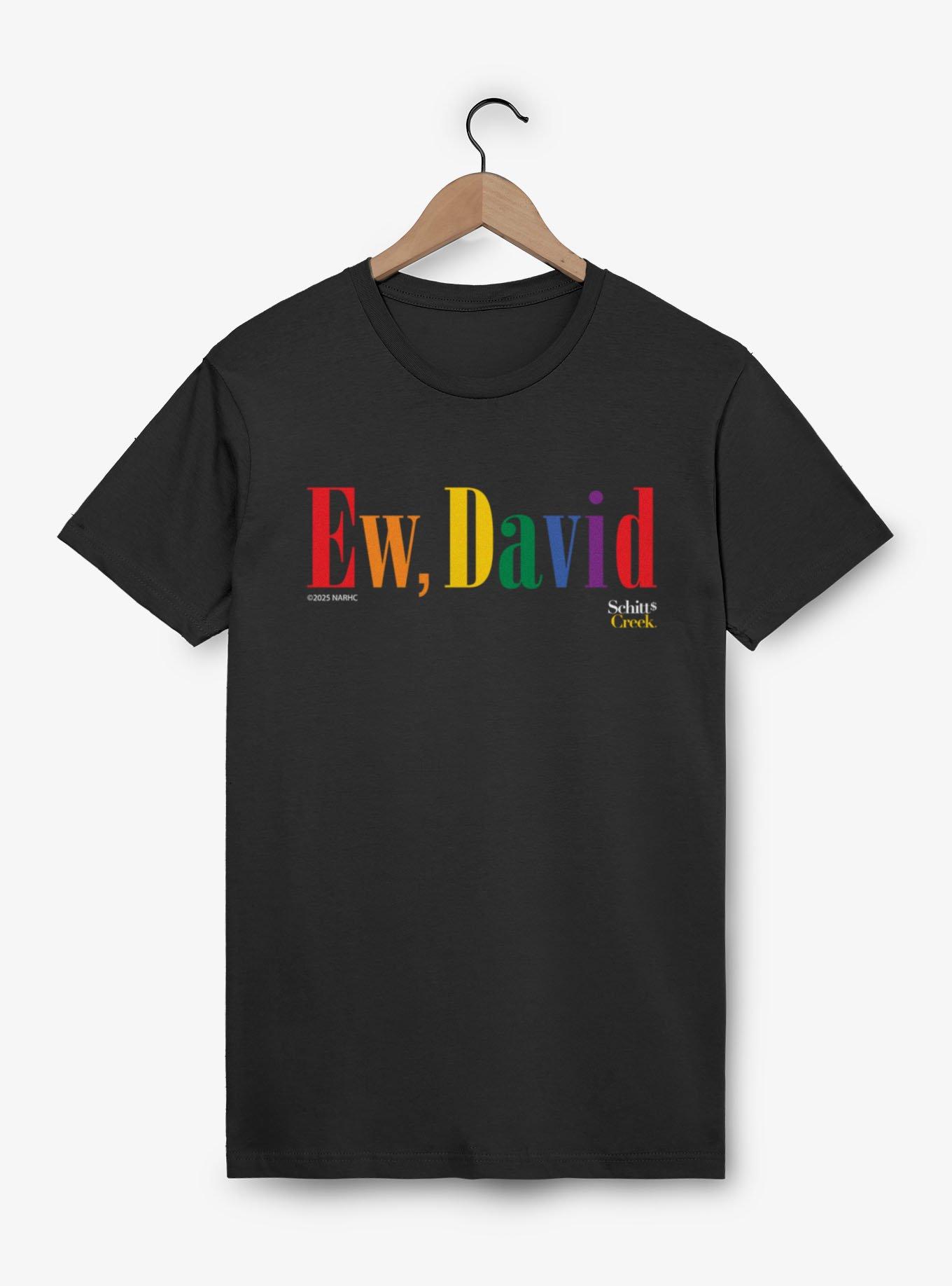 Schitt's Creek Ew David Tall Rainbow Text T-Shirt, BLACK, hi-res view 1