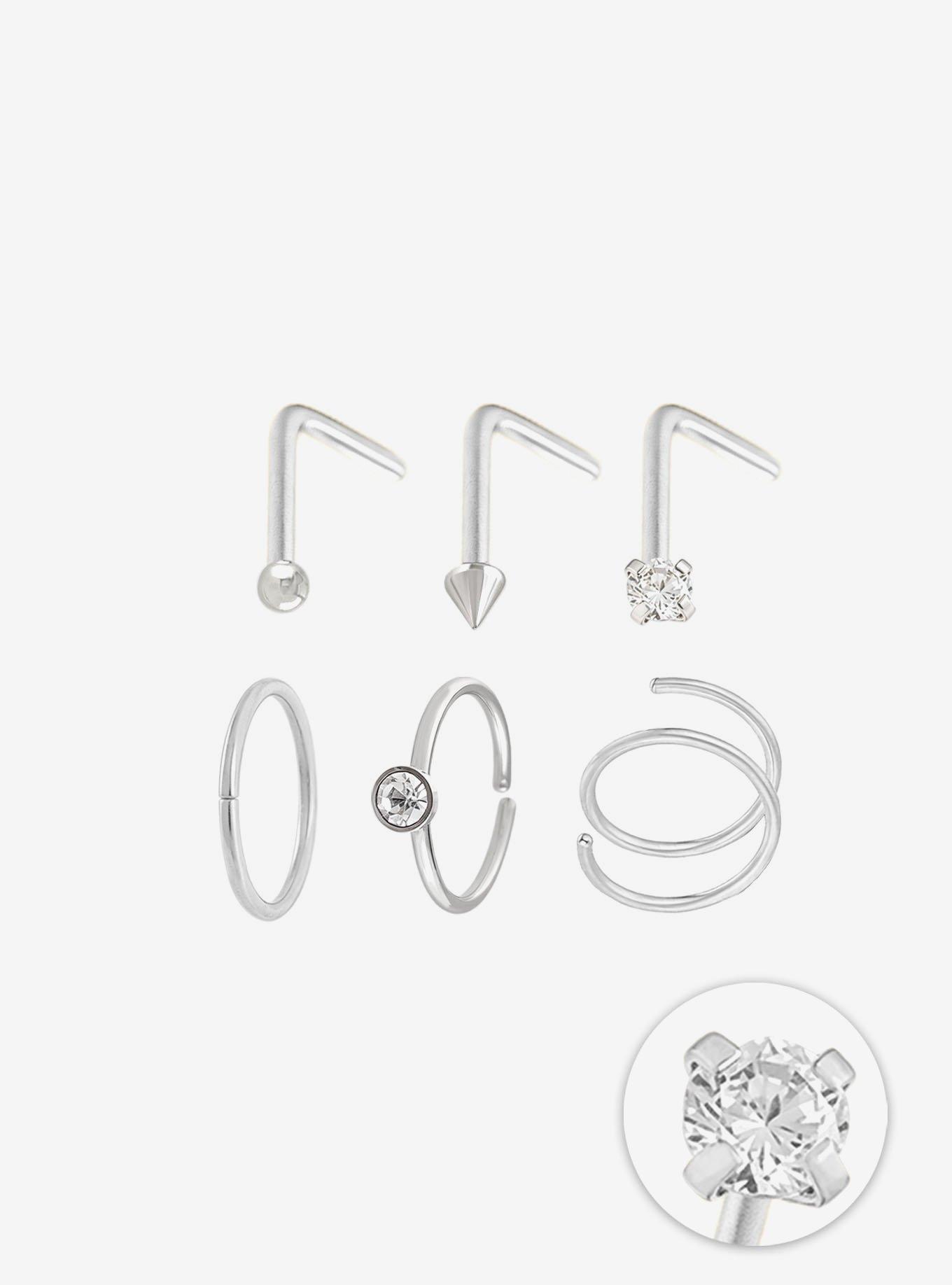 Steel Silver Spike Bling Nose Stud & Hoop 6 Pack