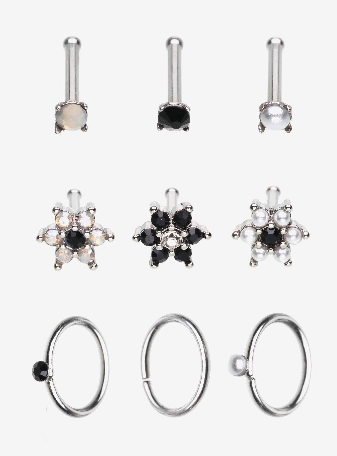 Steel Black & Silver Flower Nose Stud & Hoop 9 Pack