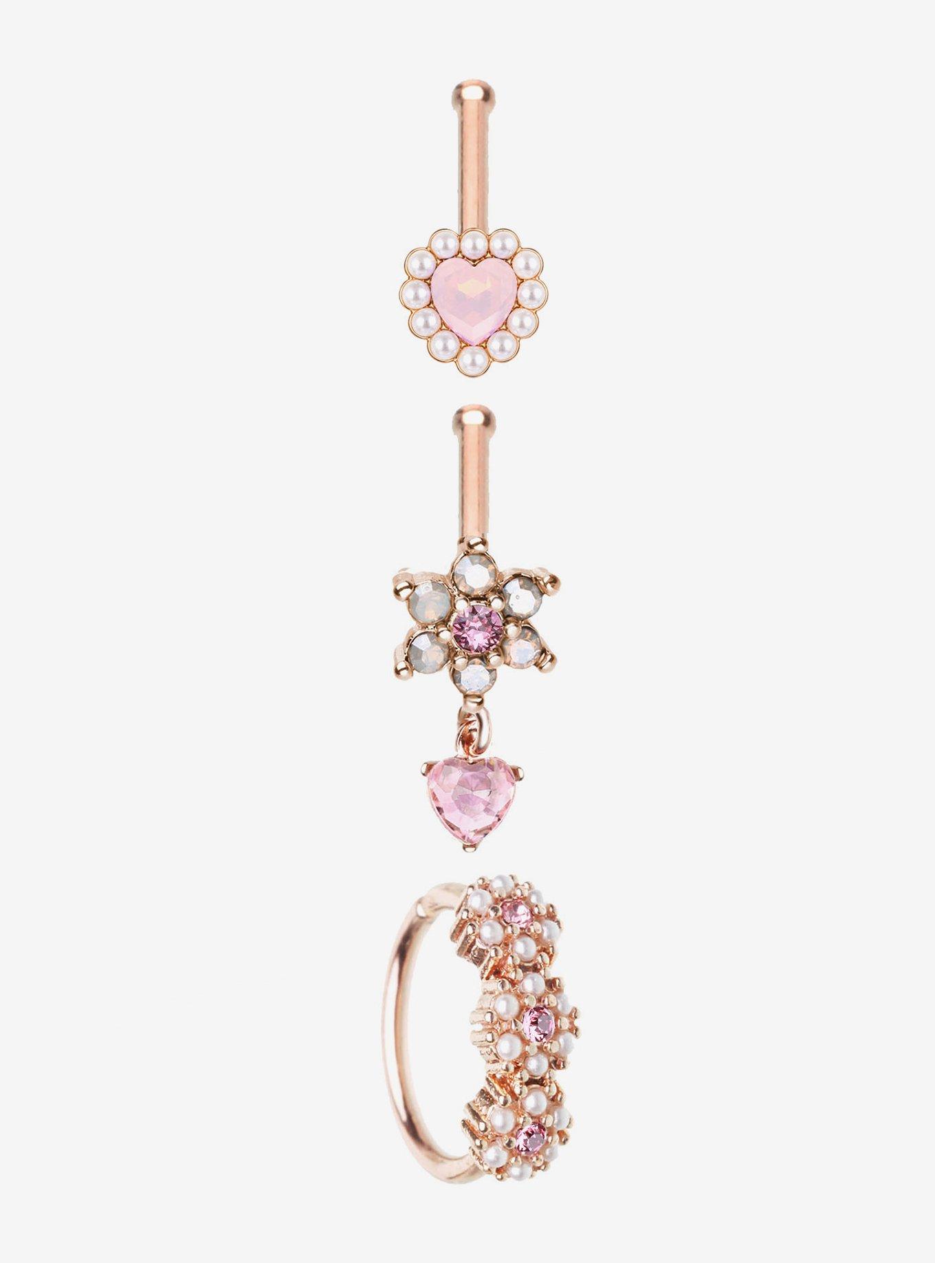 Steel Rose Gold Floral Heart Nose Stud & Hoop 3 Pack