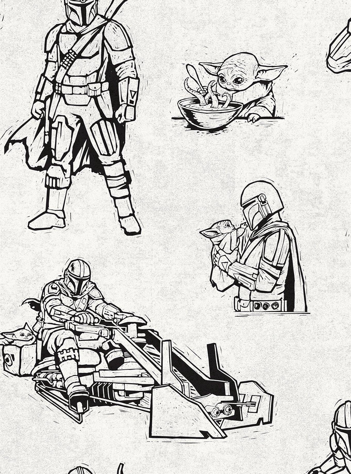 Star Wars The Mandalorian and Grogu Linocut Black Peel & Stick Wallpaper, , hi-res