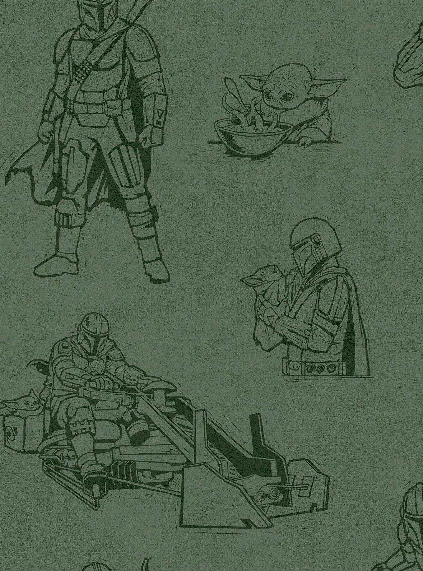 Star Wars The Mandalorian and Grogu Linocut Green Peel & Stick Wallpaper, , hi-res