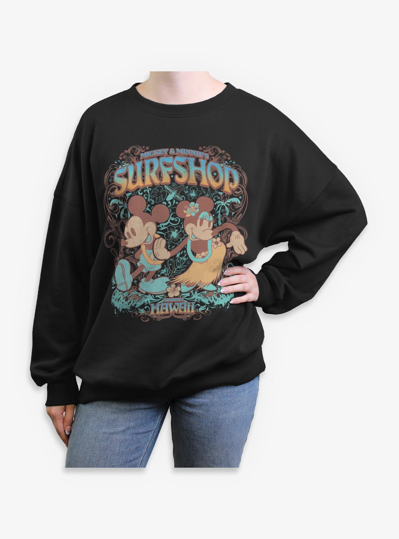 Disney Mickey Mouse & Minnie Mouse Surfshop Hawaii Womens Oversized Sweatshirt BoxLunch Exclusive, BLACK, hi-res view 1