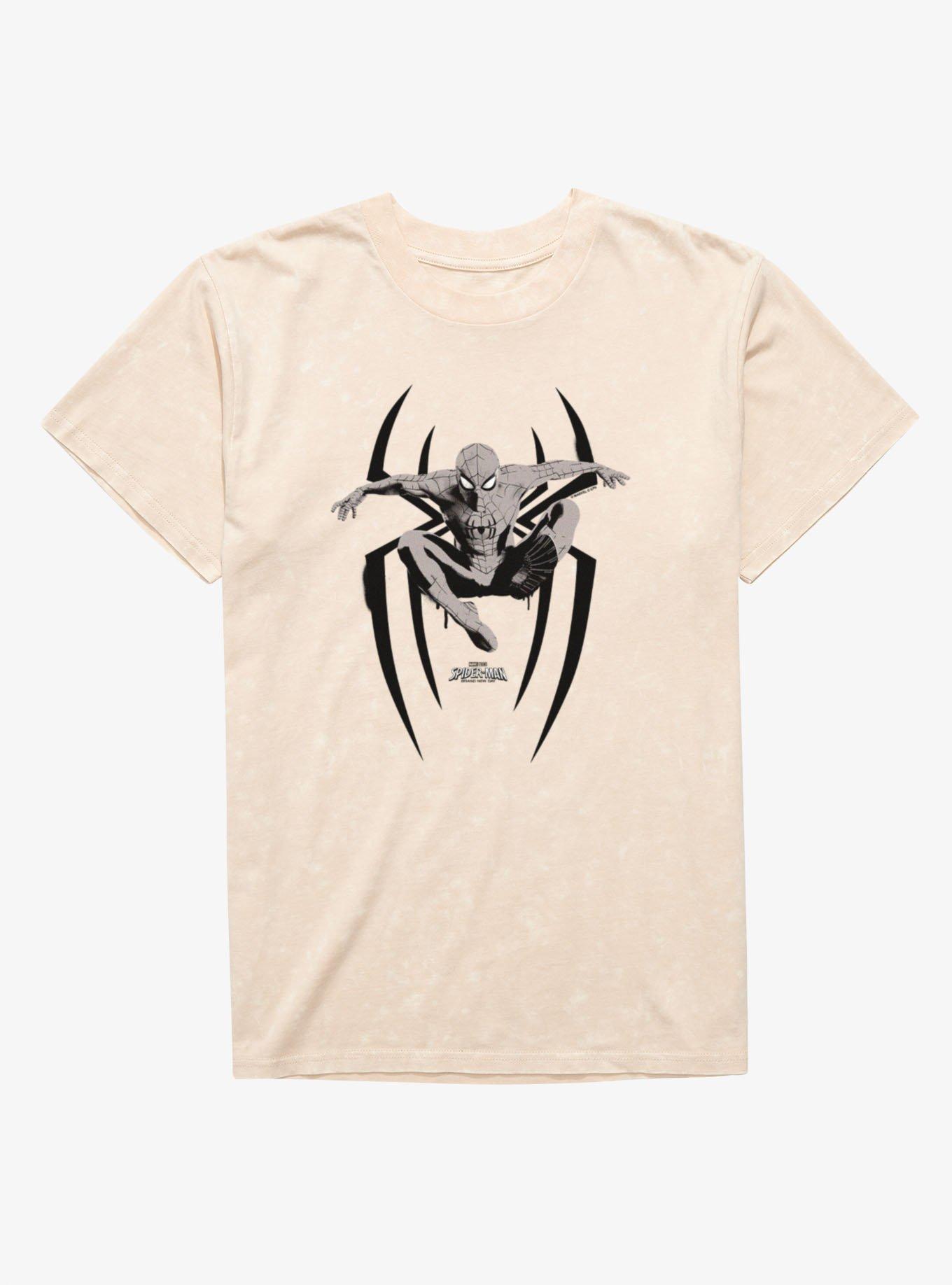 Marvel Spider-Man Brand New Day Leap On Logo Grayscale Mineral Wash T-Shirt, , hi-res