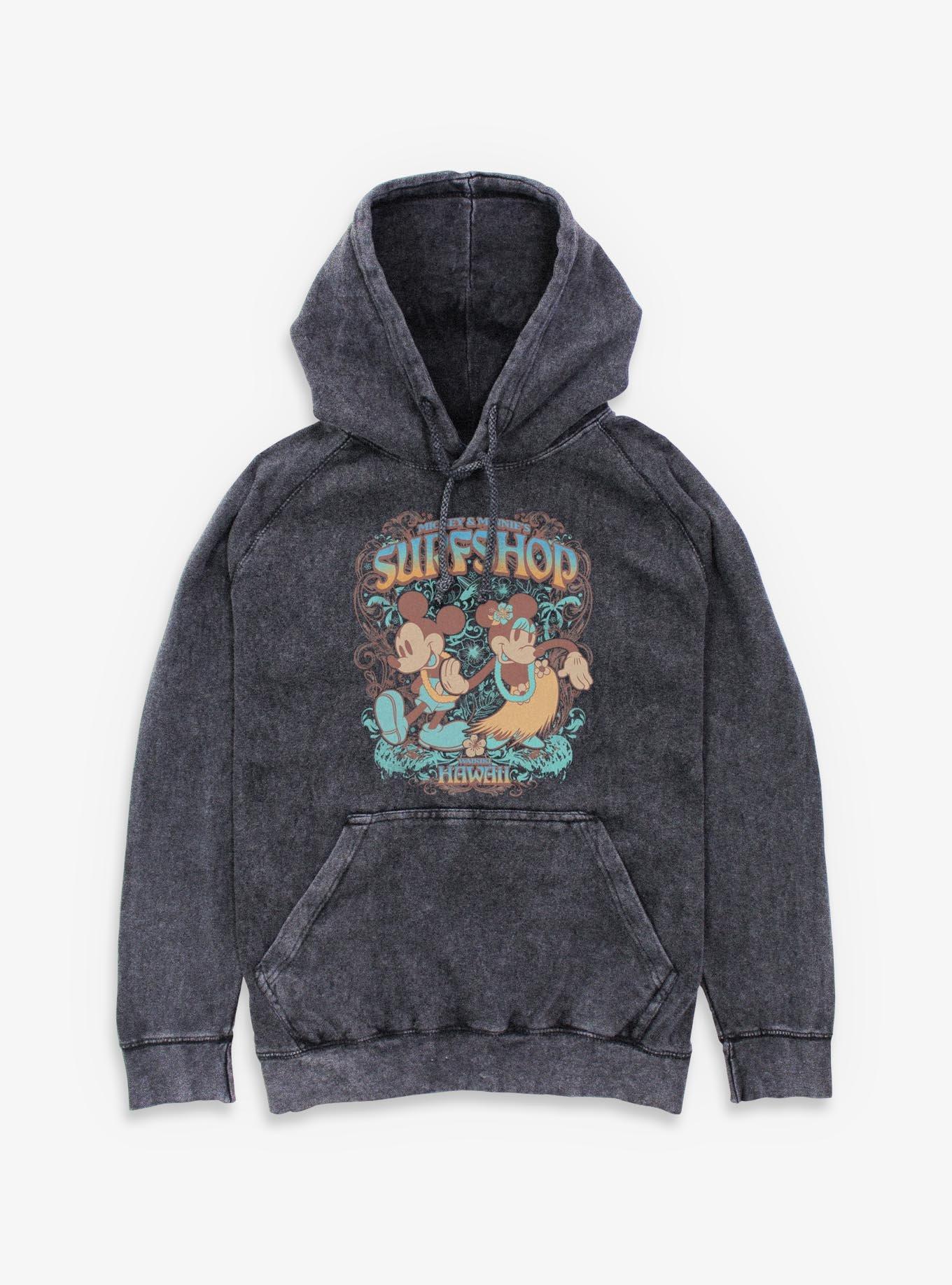 Disney Mickey Mouse & Minnie Mouse Surfshop Hawaii Mineral Wash Hoodie BoxLunch Exclusive, BLACK, hi-res view 1