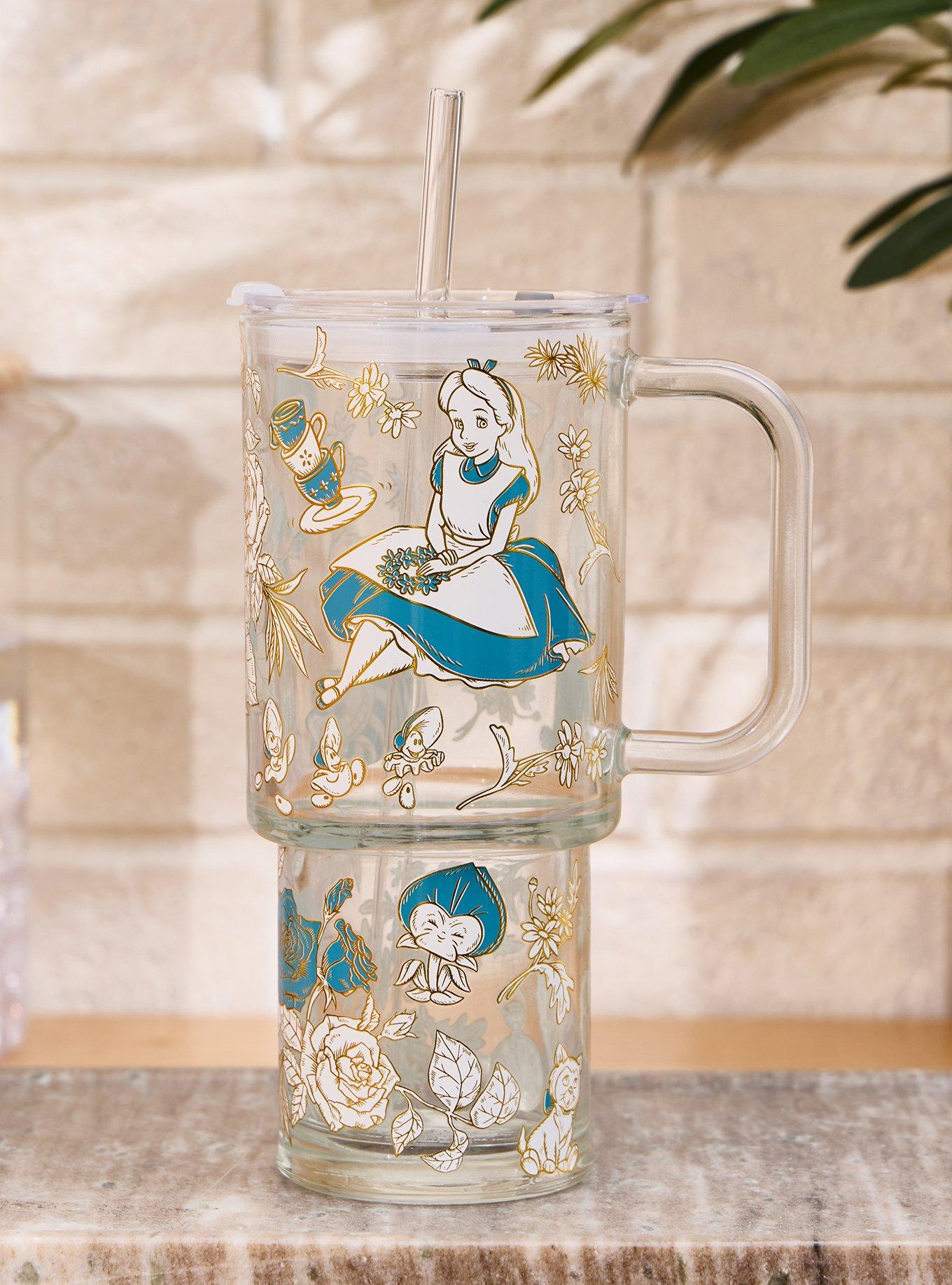 Disney Alice in Wonderland Flowers Allover Print Glass Straw Tumbler With Handle