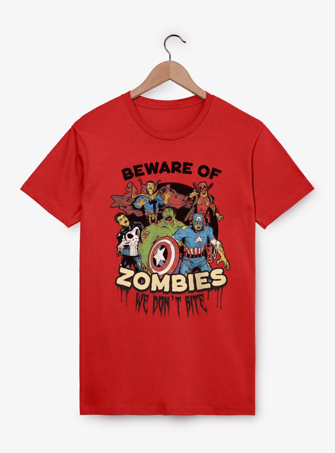 Marvel Zombies Beware Of Zombie We Bite Group Shot T-Shirt, , hi-res view 1