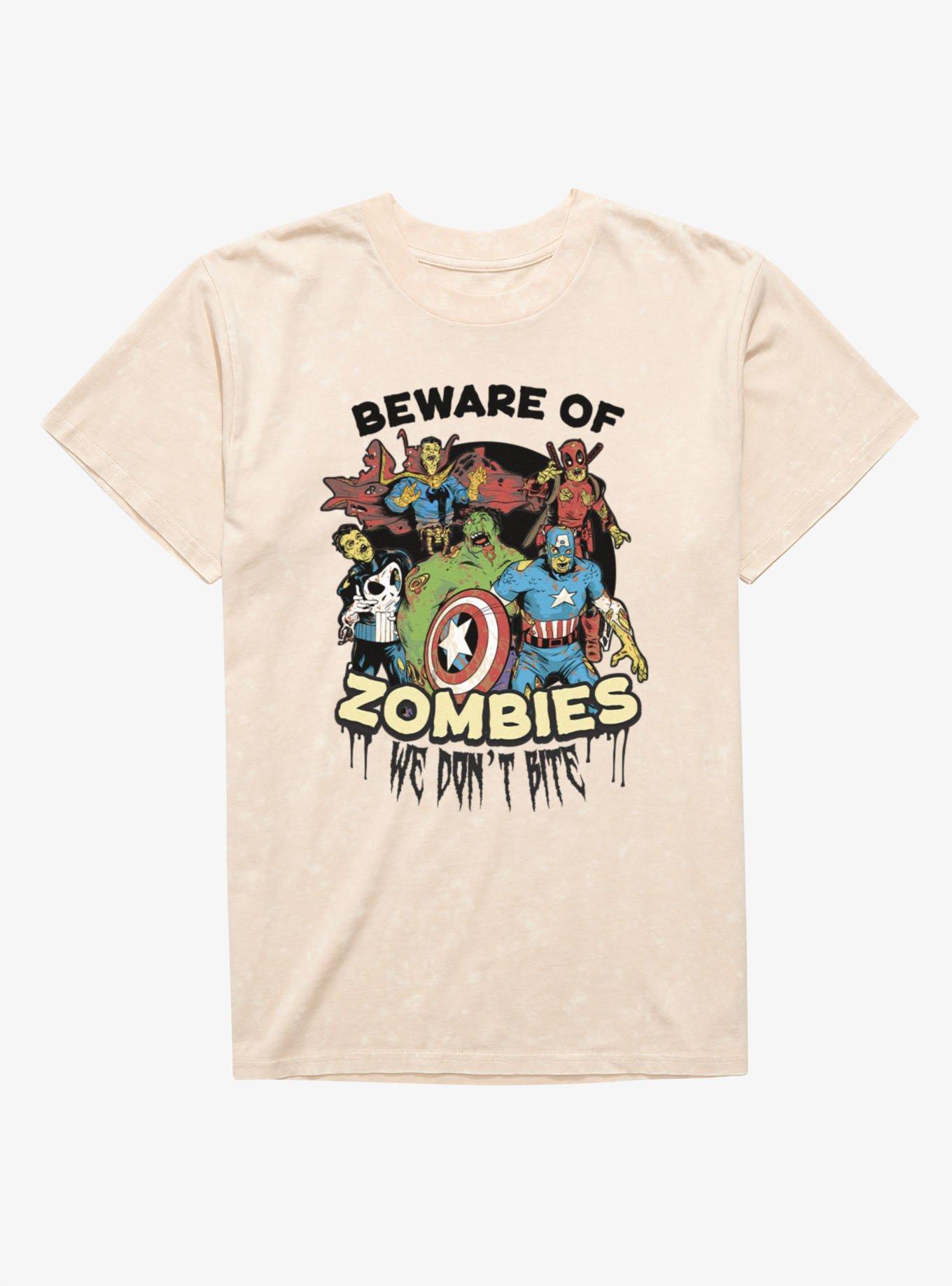 Marvel Zombies Beware Of Zombie We Bite Group Shot Mineral Wash T-Shirt, NATURAL MINERAL WASH, hi-res view 1
