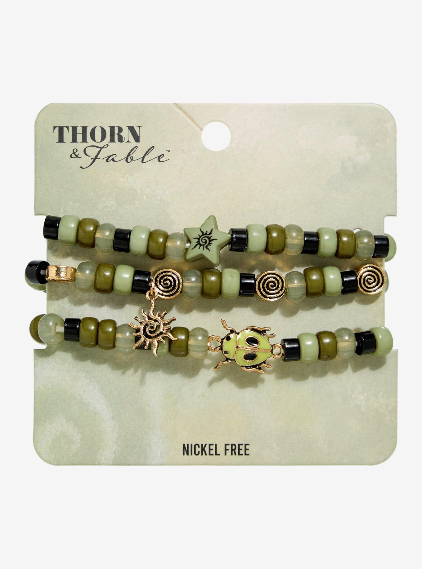 Thorn & Fable Green Beetle Spiral Bead Bracelet Set
