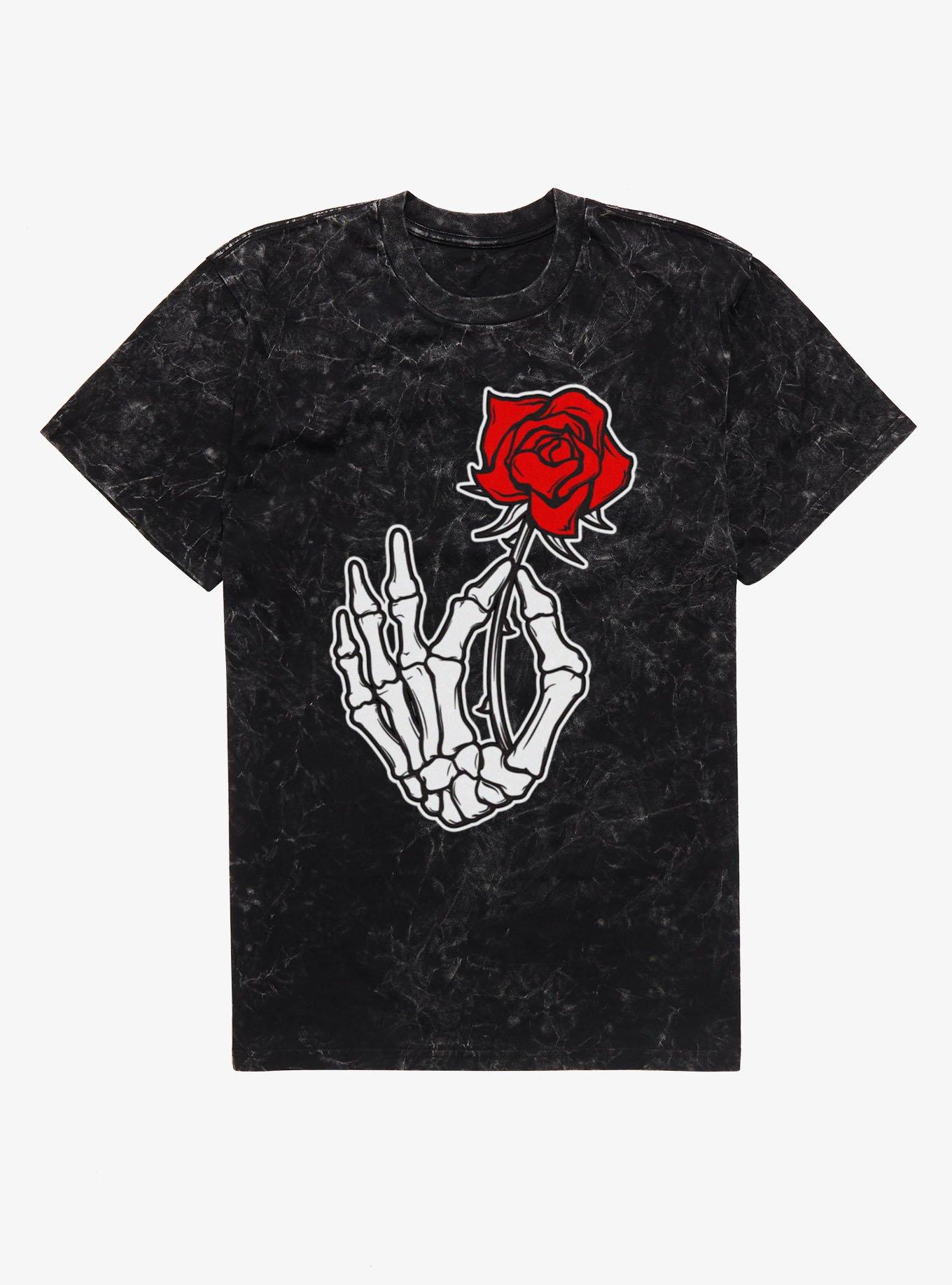 Skeleton Hand Holding Red Rose Mineral Wash T-Shirt
