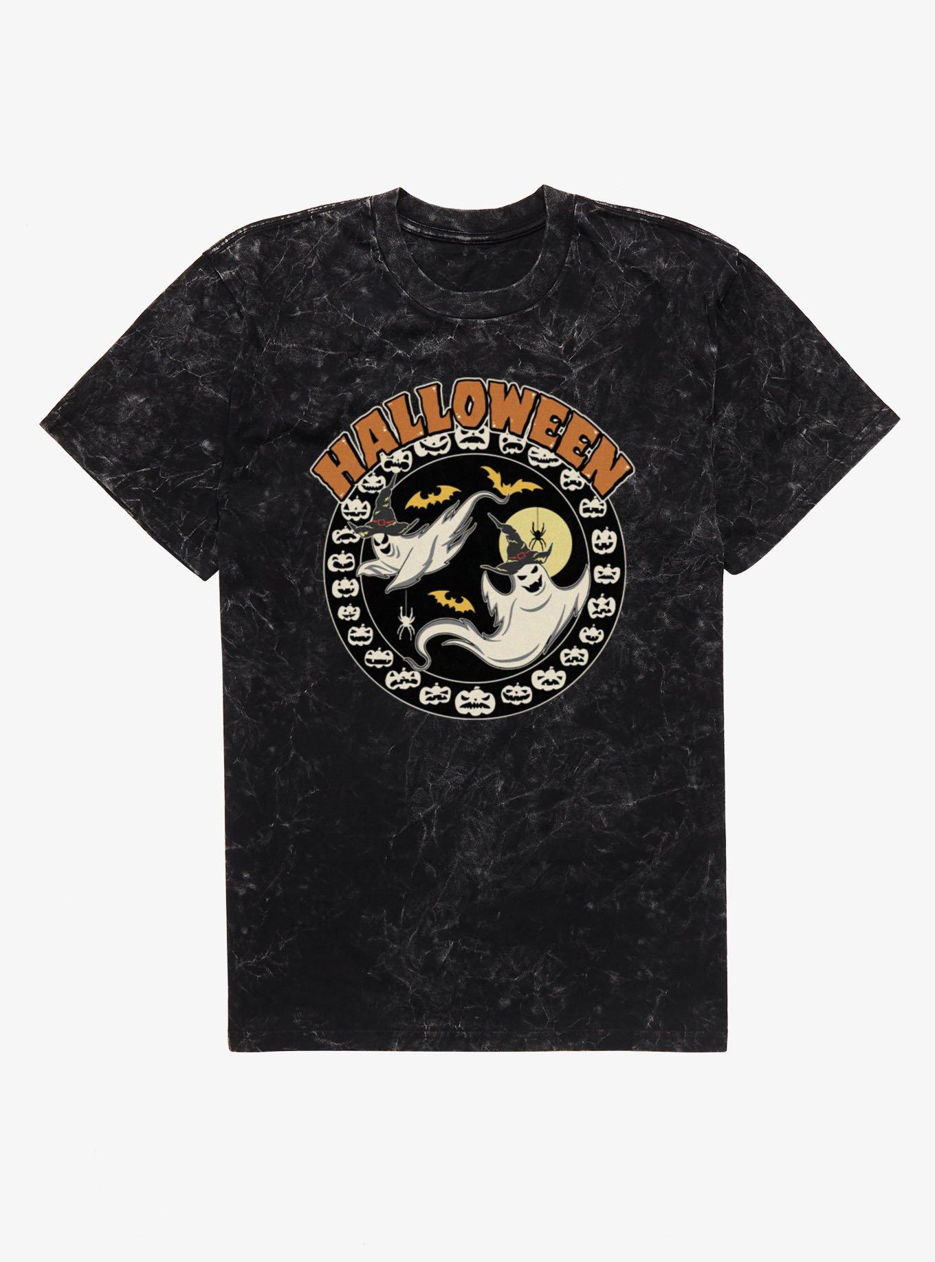 Halloween Ghosts In Pumpkins Circular Mineral Wash T-Shirt