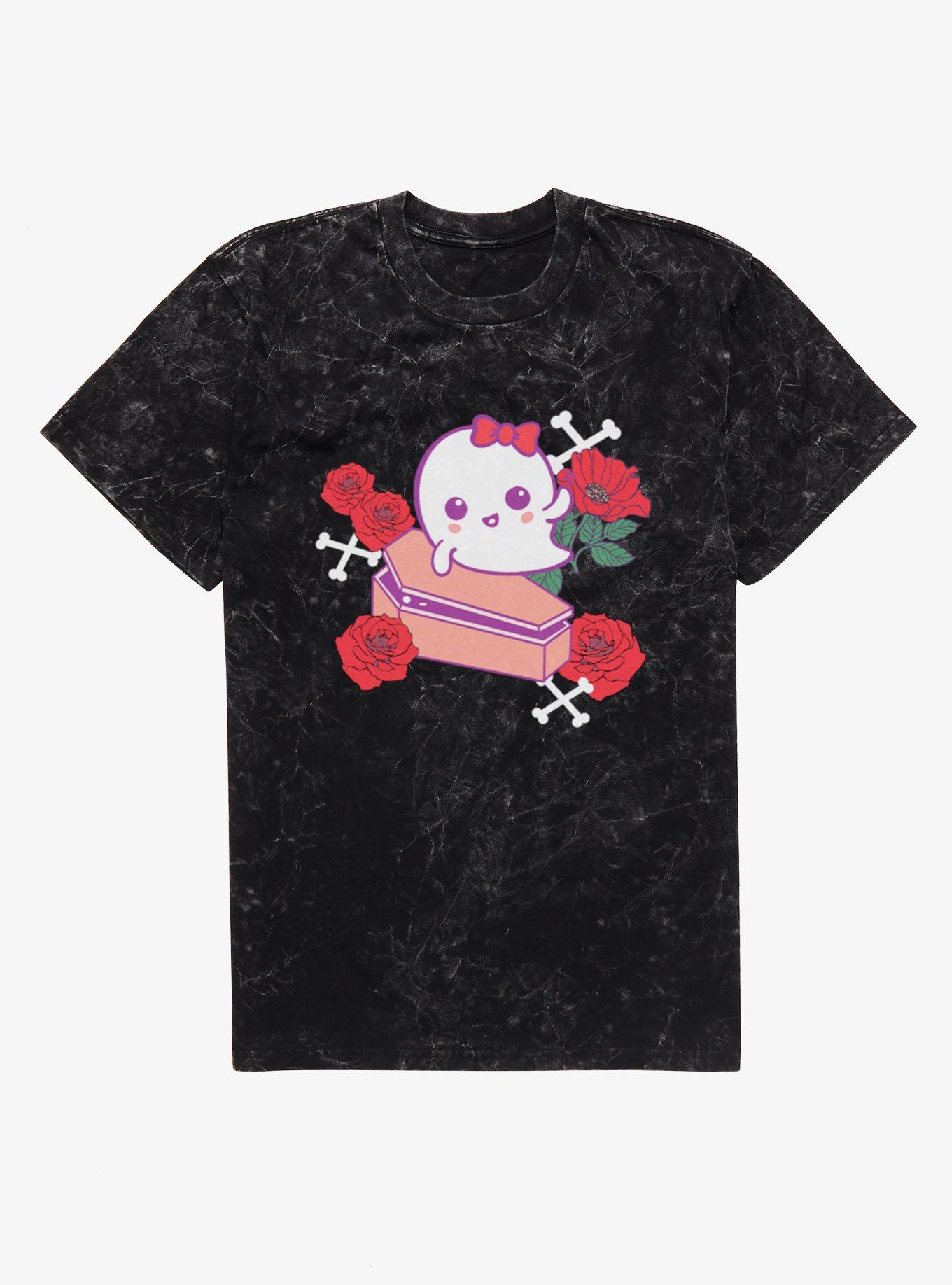 Cute Ghost Roses Coffin Cartoon Mineral Wash T-Shirt