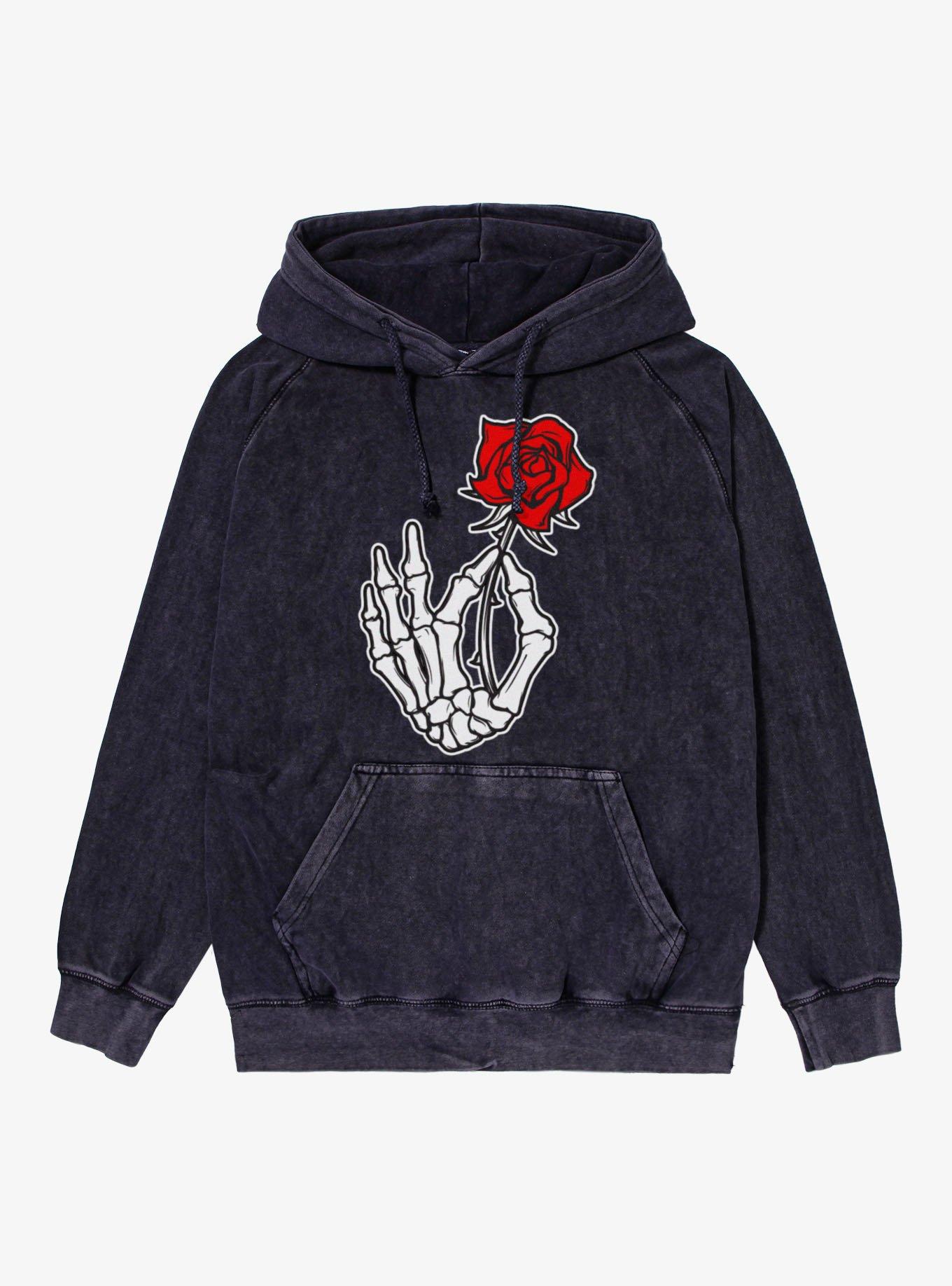 Skeleton Hand Holding Red Rose Mineral Wash Hoodie