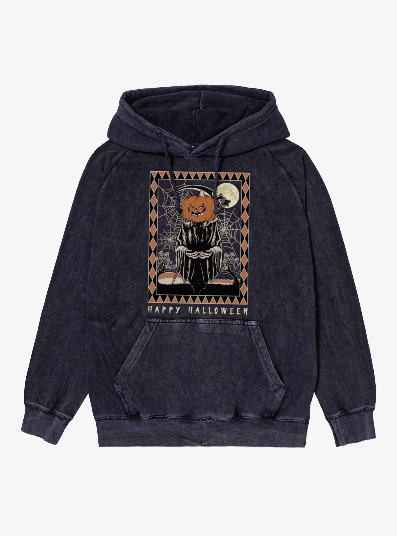 Happy Halloween Pumpkin Grim Reaper Mineral Wash Hoodie