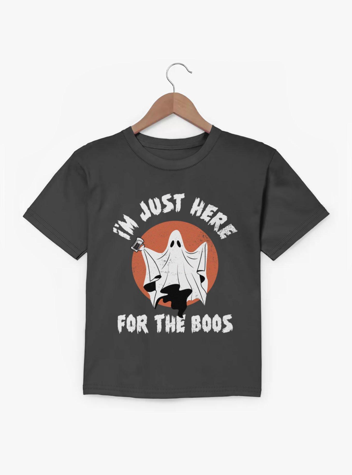 Just Here For The Boos Ghost Holding Beer Circle Youth T-Shirt