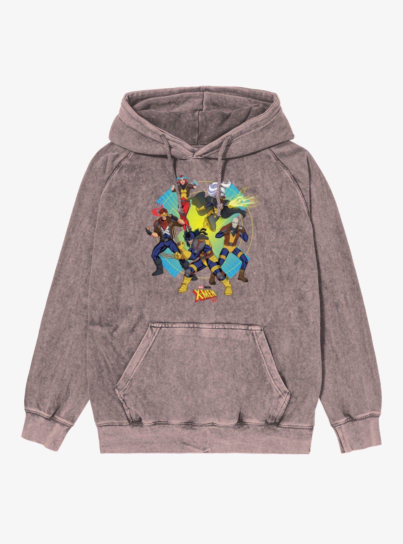 Marvel X-men 97 Burst Icon With Wolverine Cyclops Storm Mineral Wash Hoodie