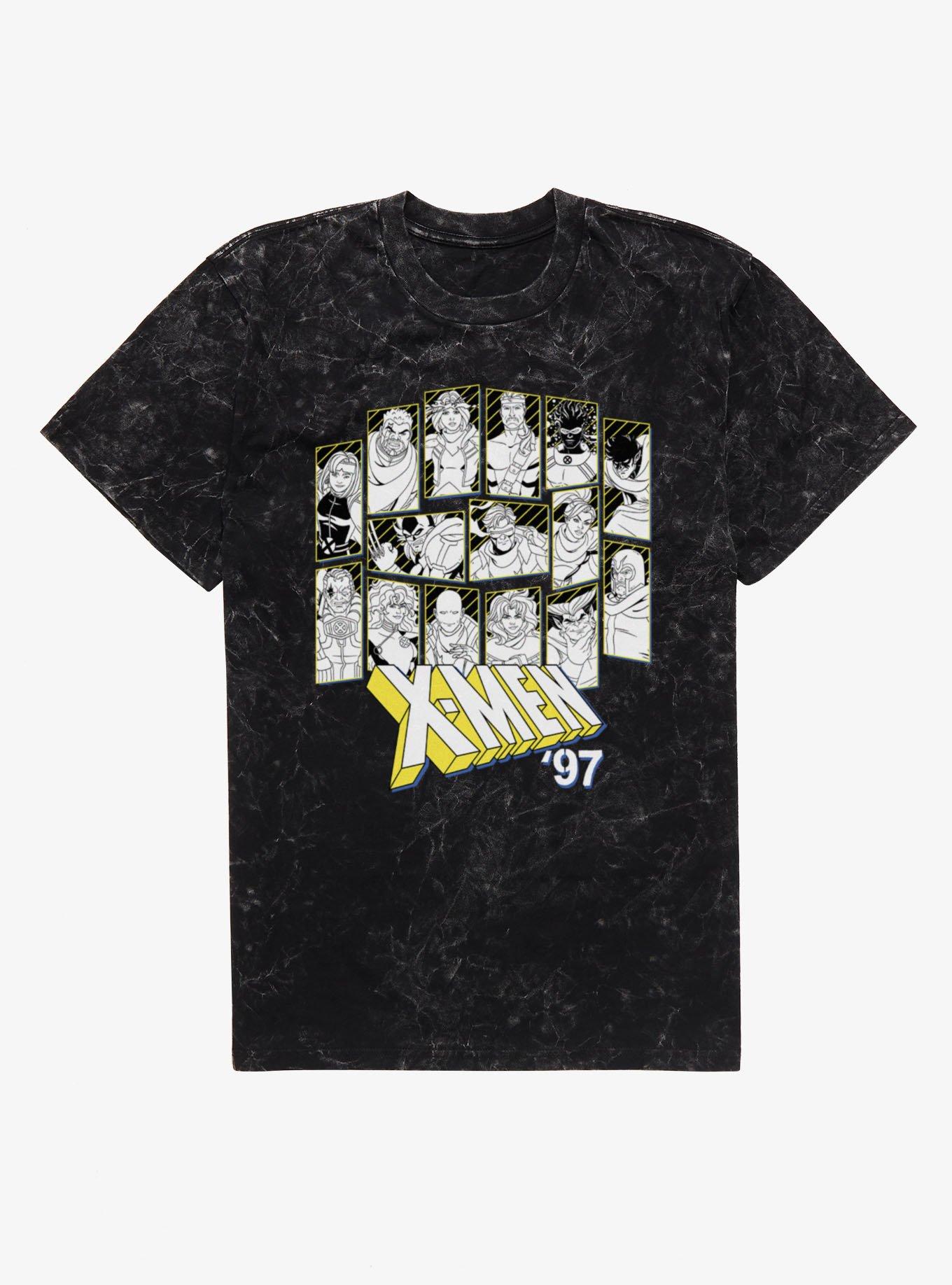 Marvel X-men 97 Character Outline Panels Black And Yellow Mineral Wash T-Shirt