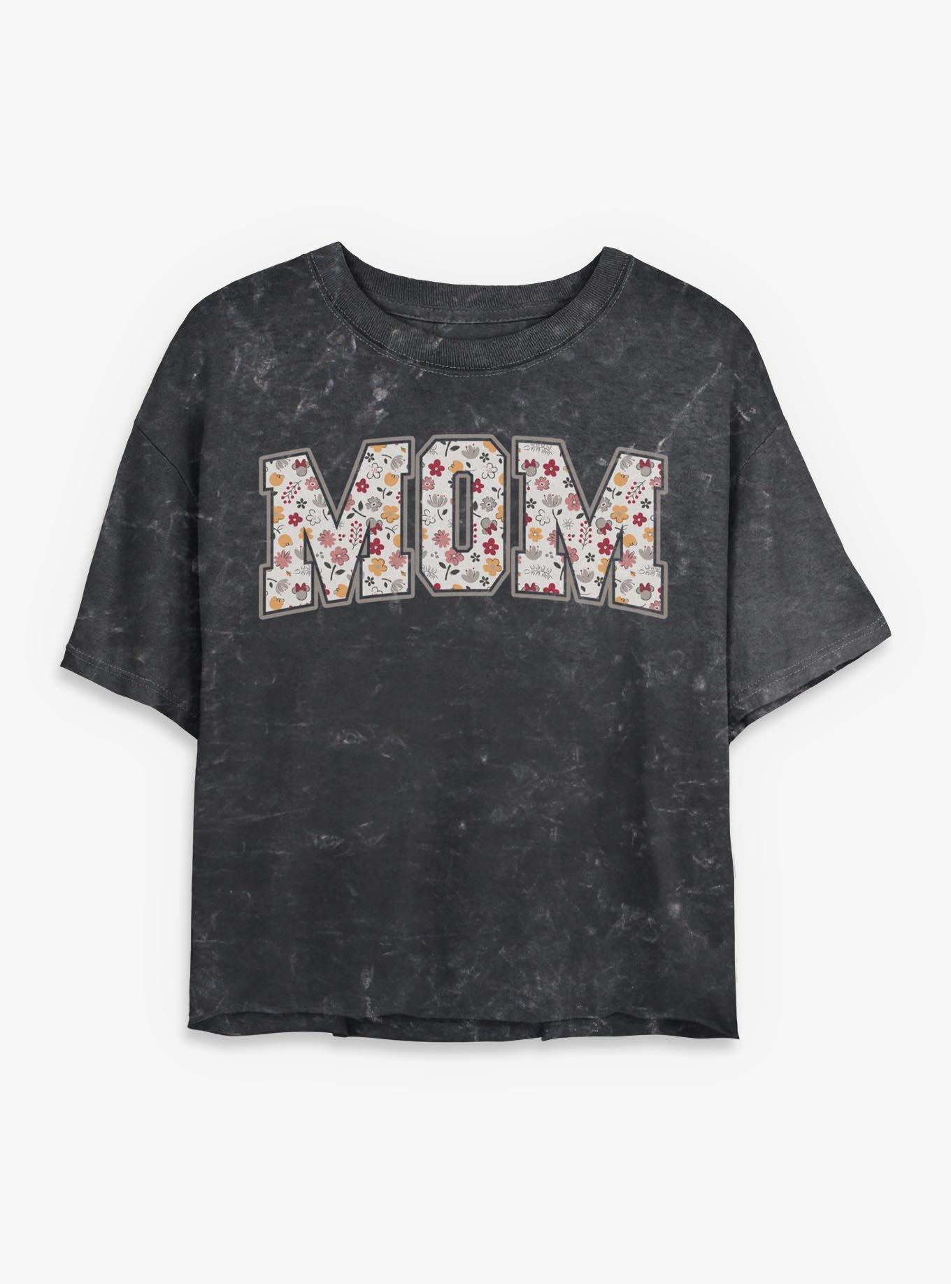 Disney Minnie Mouse Mom Collegiate Flowers Mineral Wash Womens Crop T-Shirt