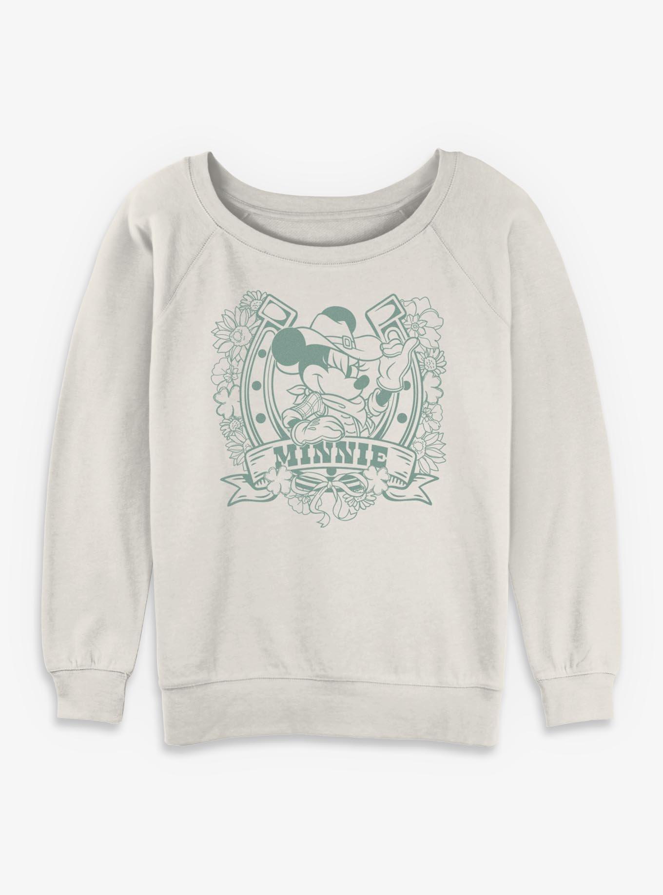 Disney Minnie Mouse Cowgirl Horseshoe Floral Womens Slouchy Sweatshirt