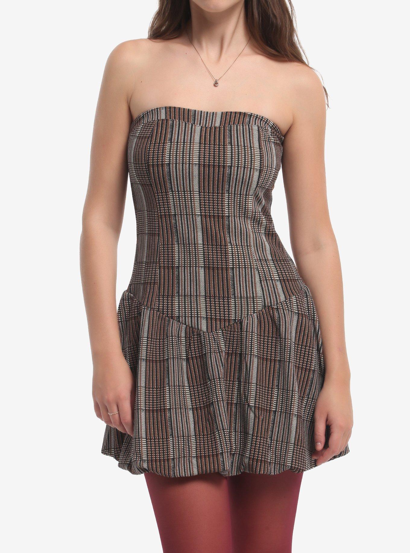 Brown Plaid Bubble Strapless Dress