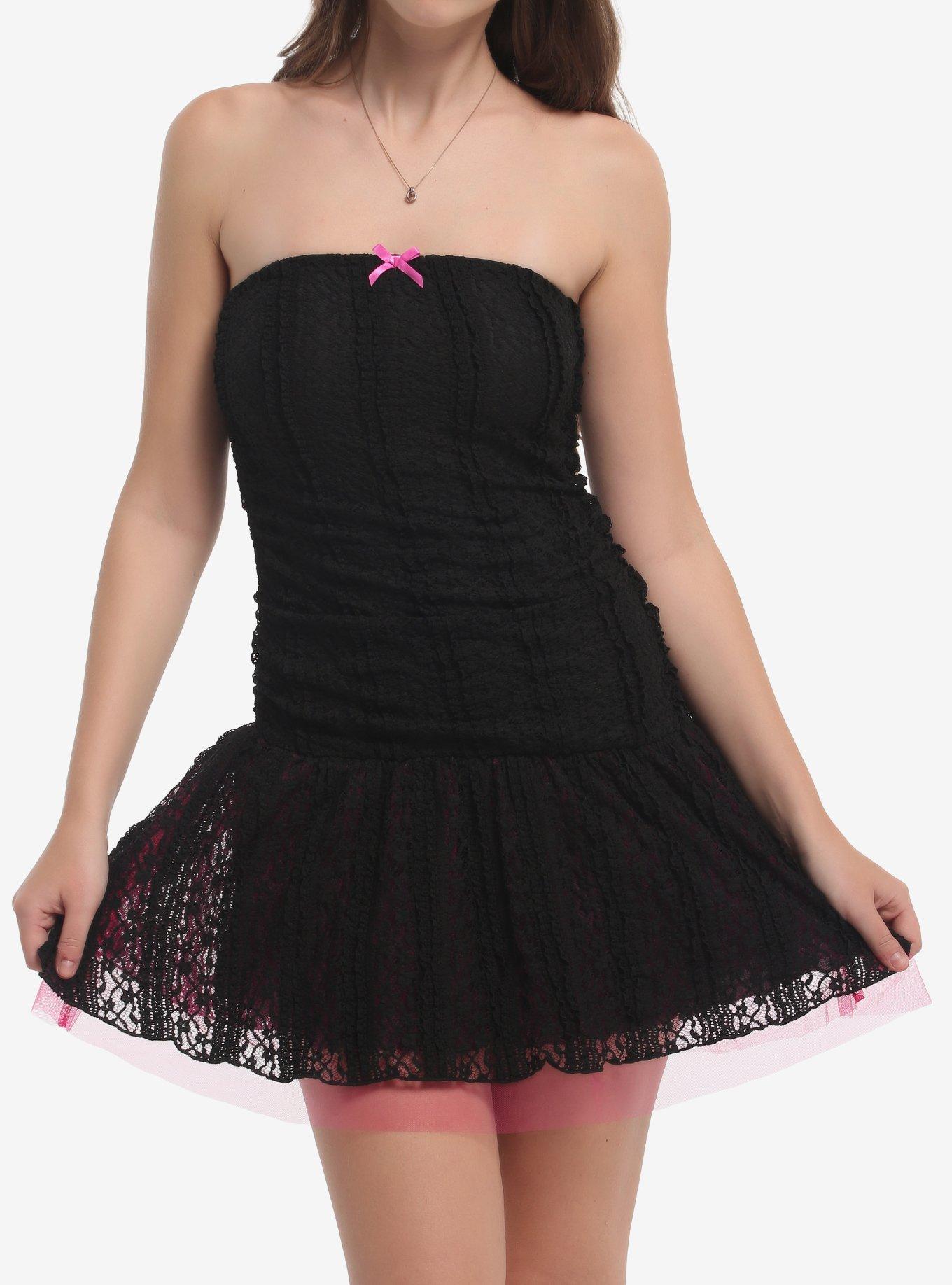 Black & Pink Lace Tulle Strapless Dress