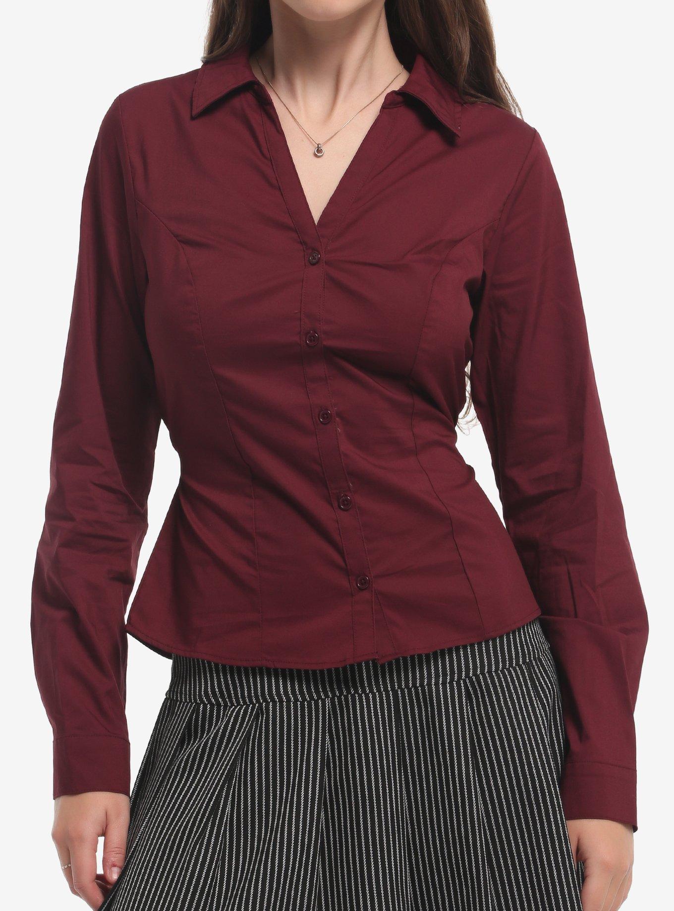 Burgundy V-Neck Girls Long-Sleeve Woven Button-Up